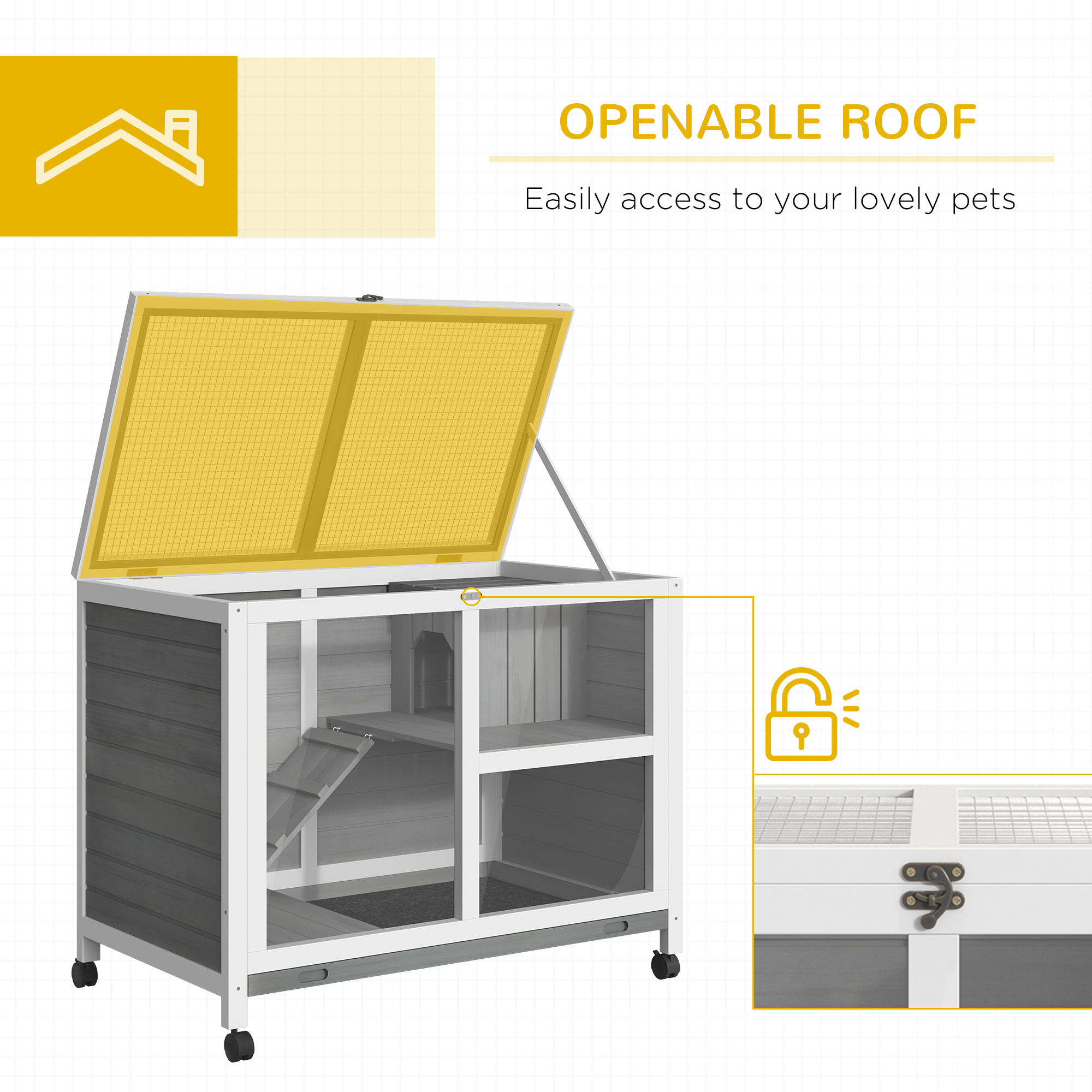 PawHut Wooden Rabbit Hutch Indoor with Wheels, Openable Roof, 91.5 x 53.3 x 73 cm, Grey 5
