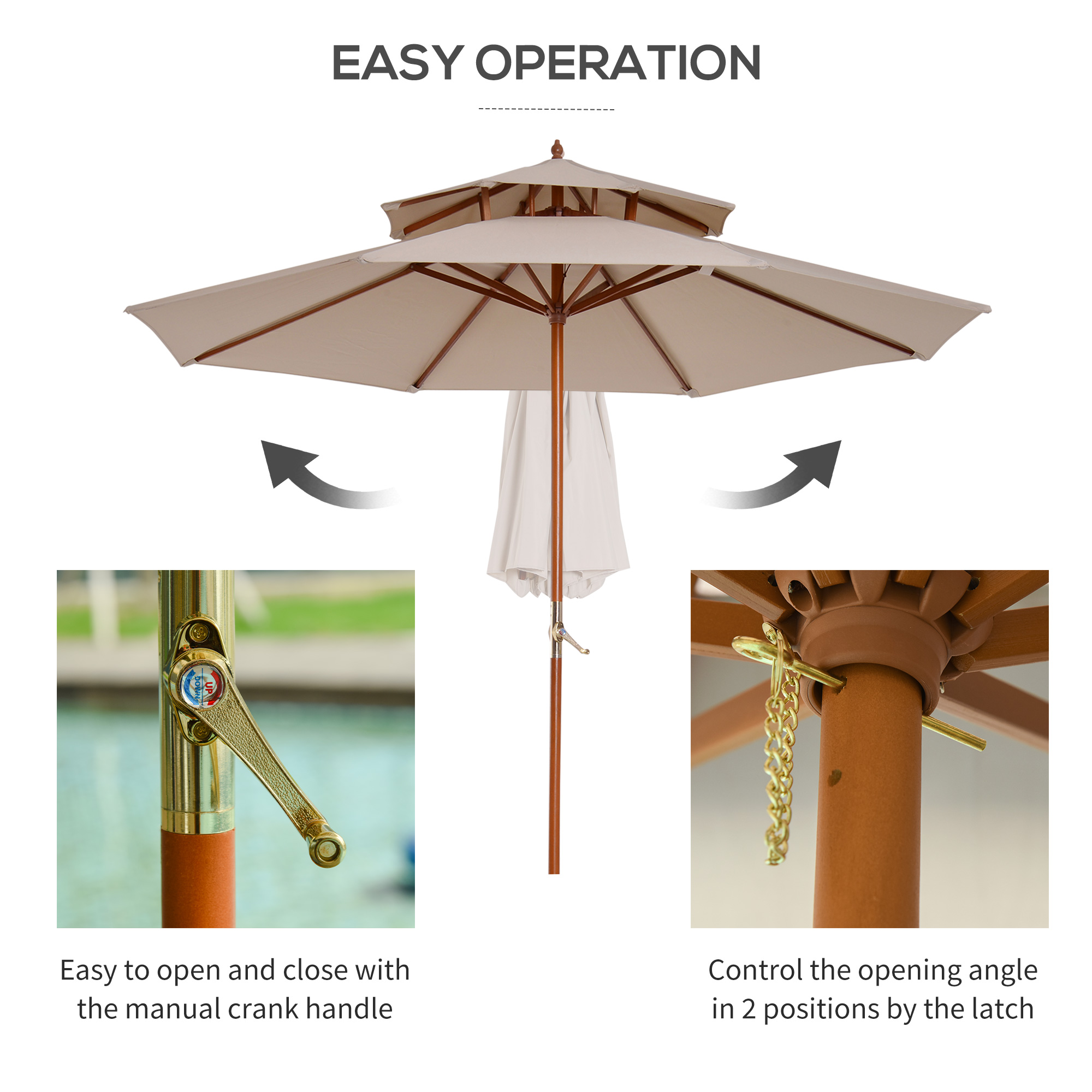 Outsunny 2.7m Wooden Parasol Elegant Two-Tier Design Garden Parasol Umbralle for Outdoor Shade, Beige 7