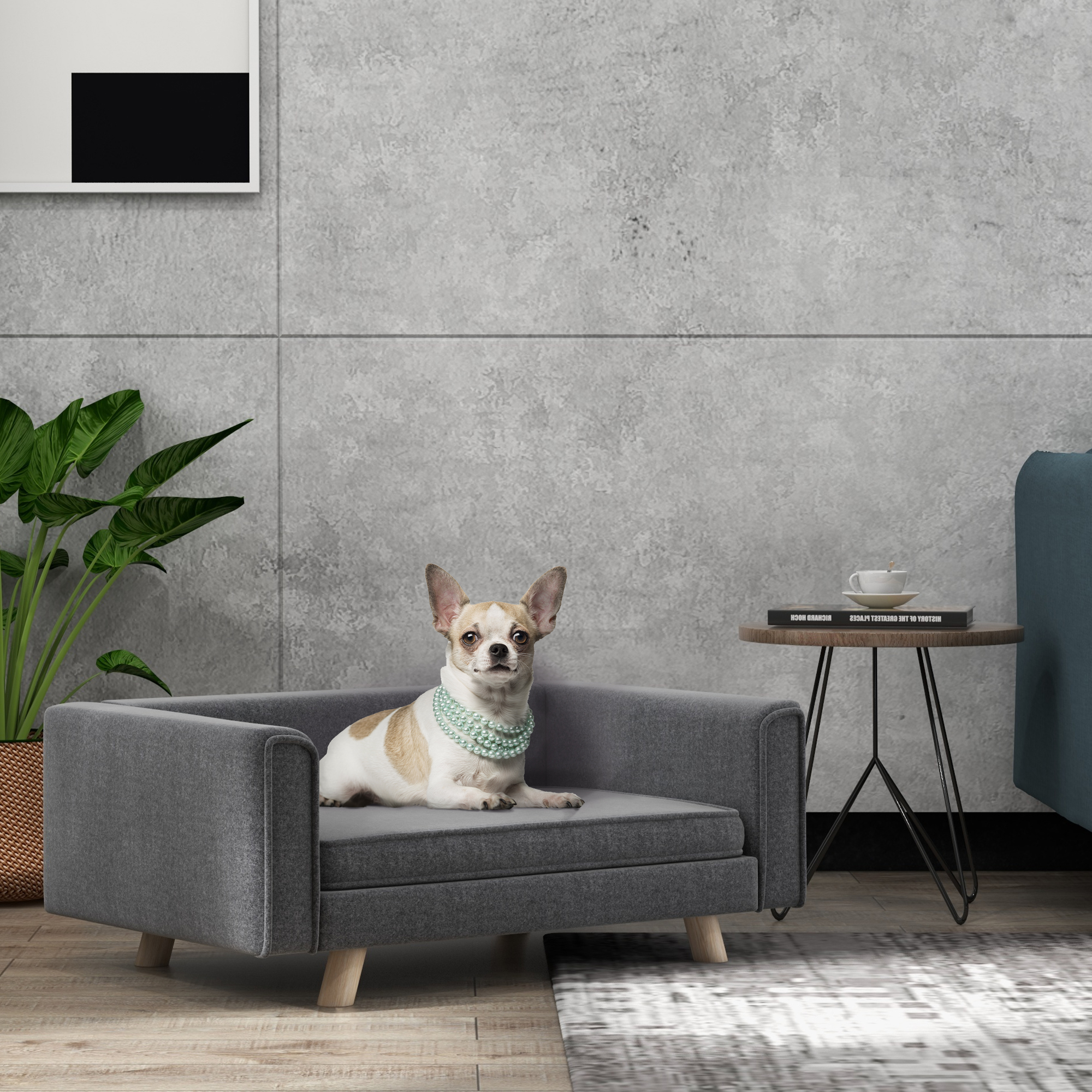PawHut Elevated Dog Sofa Bed, with Cushion, for Medium and Small Dogs, Grey 2