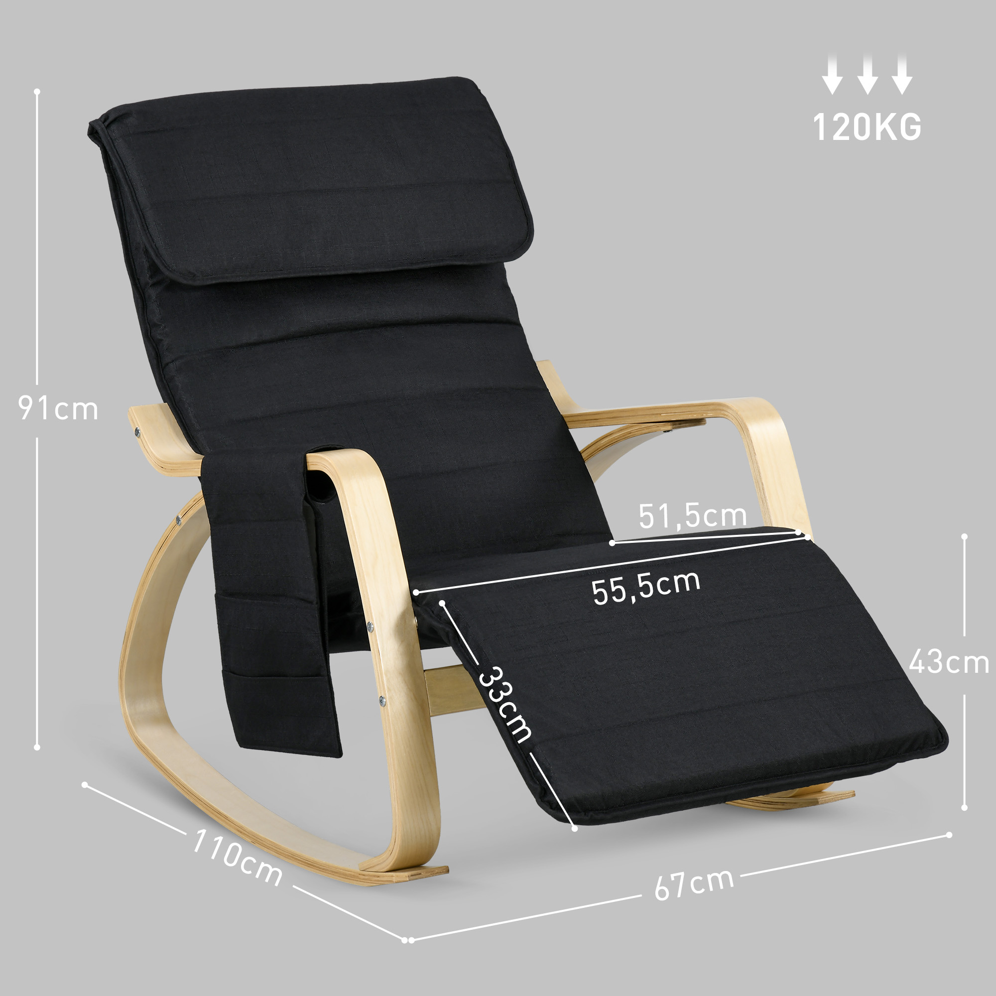 Fauteuil à Bascule Relax Repose-pied Réglable Bois Tissu - Fauteuil
