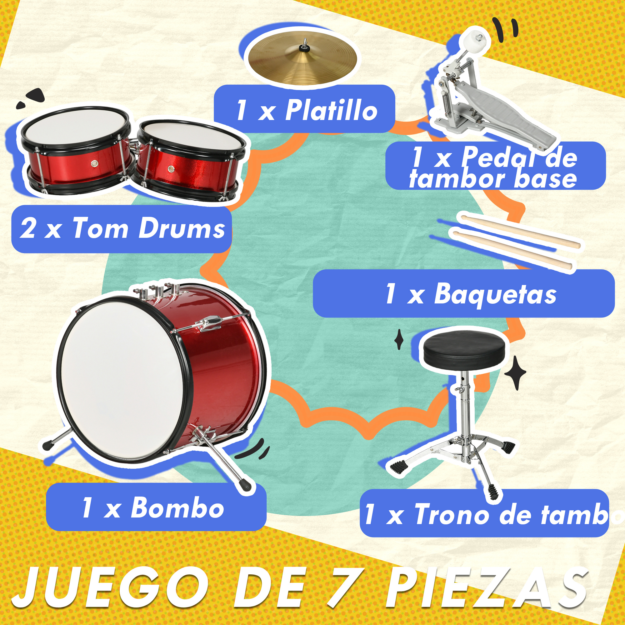 Batería Para Niños Batería De Juguete Para Niños 3 Años - Con Tambores, Bombo, Platillo, Pedal Y Taburete Ajustable, Color Rojo Juguete Musical Educativo Batería Para Niños Batería De Juguete Para Niños 3 Años - Con Tambores, Bombo, Platillo, Pedal Y Taburete Ajustable, Color Rojo Juguete Musical Educativo