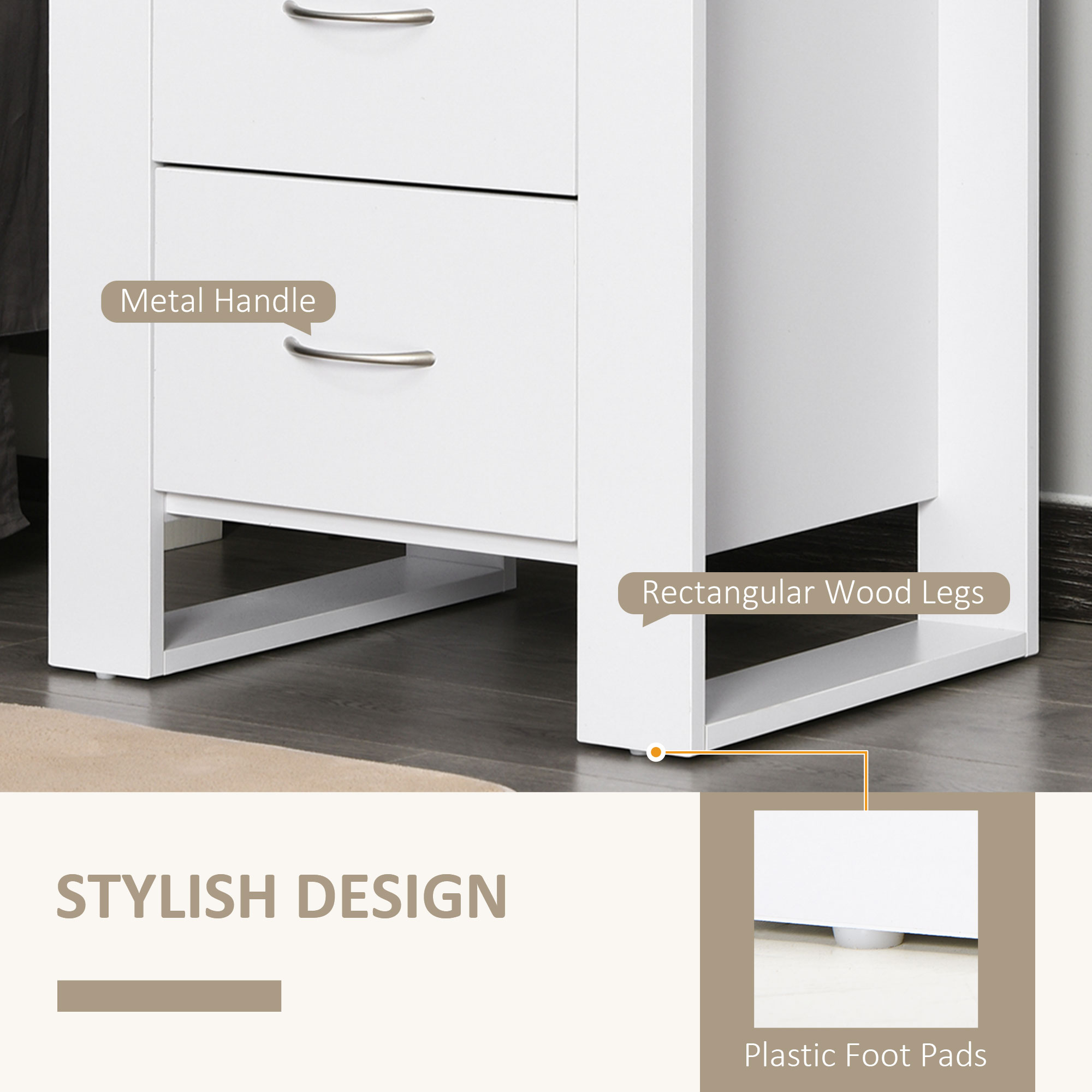 HOMCOM Bedside Table with 2 Drawers, Nightstand with Handles and Elevated Base, Side Table for Bedroom, Living Room, White 5
