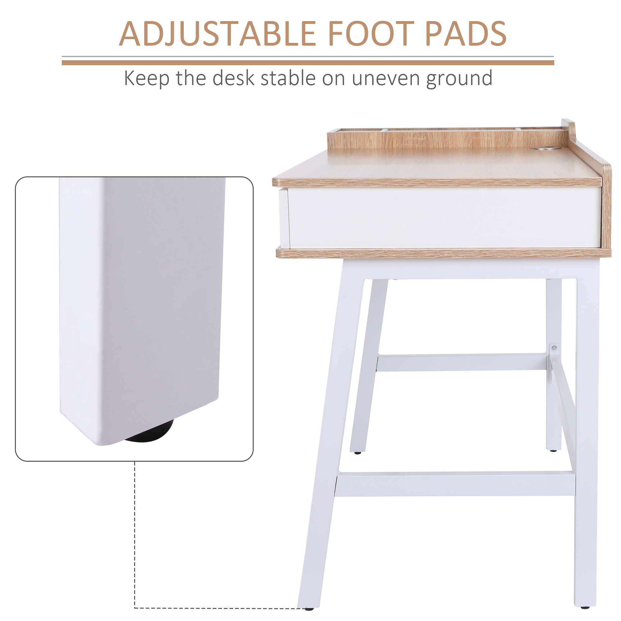 HOMCOM Computer Desk, Writing Desk, Study Workstation with Drawer, Storage Compartments, Cable Management, Laptop Table, Metal Frame, 100 x 55 x 81.5cm, Oak and White 6