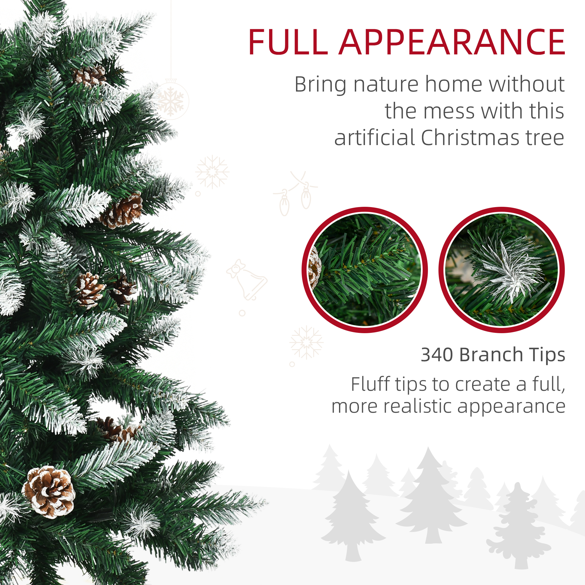 HOMCOM 5 Ft Snow Artificial Christmas Tree with Realistic Branches, Pine Cone, for Indoor Decoration, Green White 5