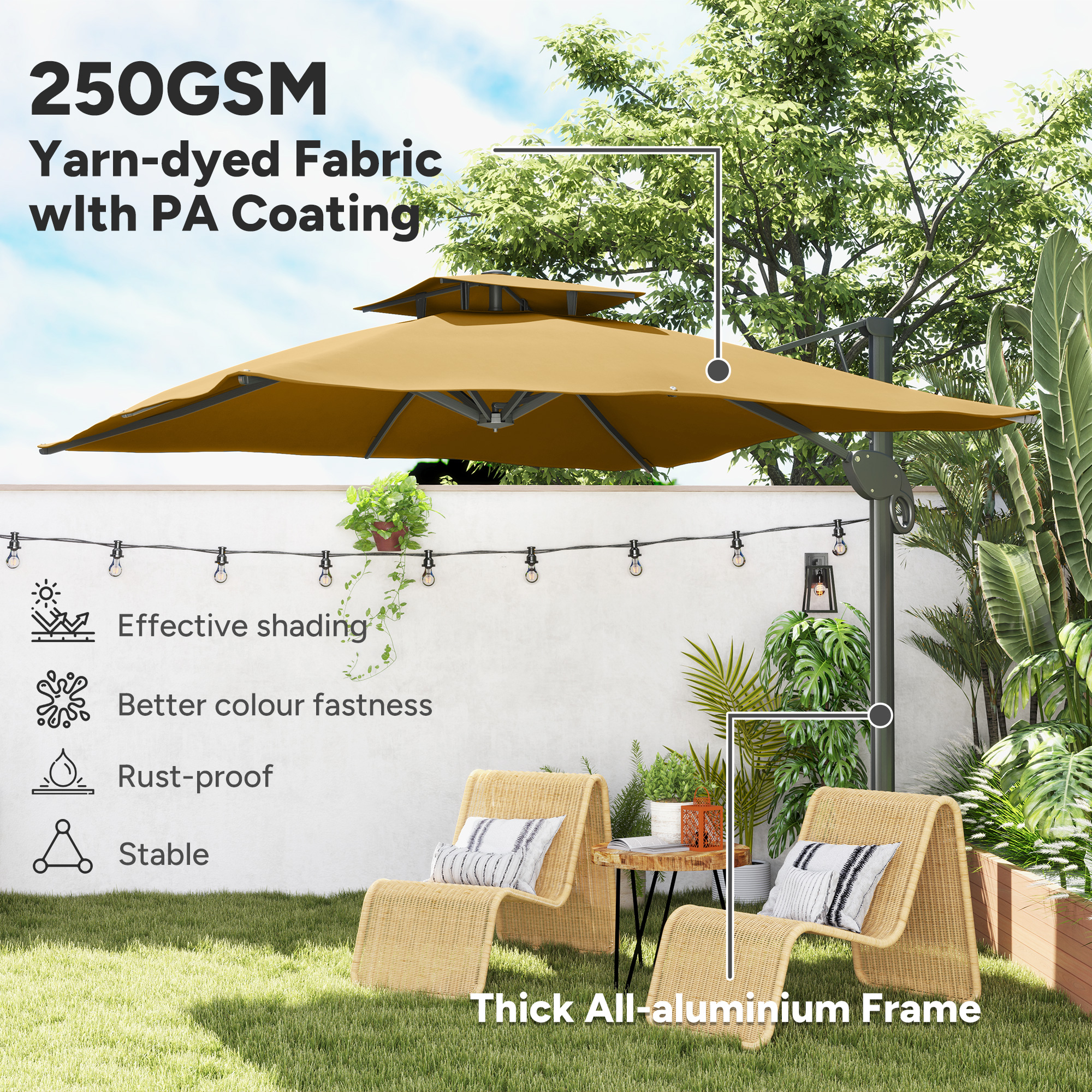 Outsunny Garden Parasol, 3(m) Cantilever Parasol with Hydraulic Mechanism, Dual Vented Top, 8 Ribs, Cross Base, Khaki 6
