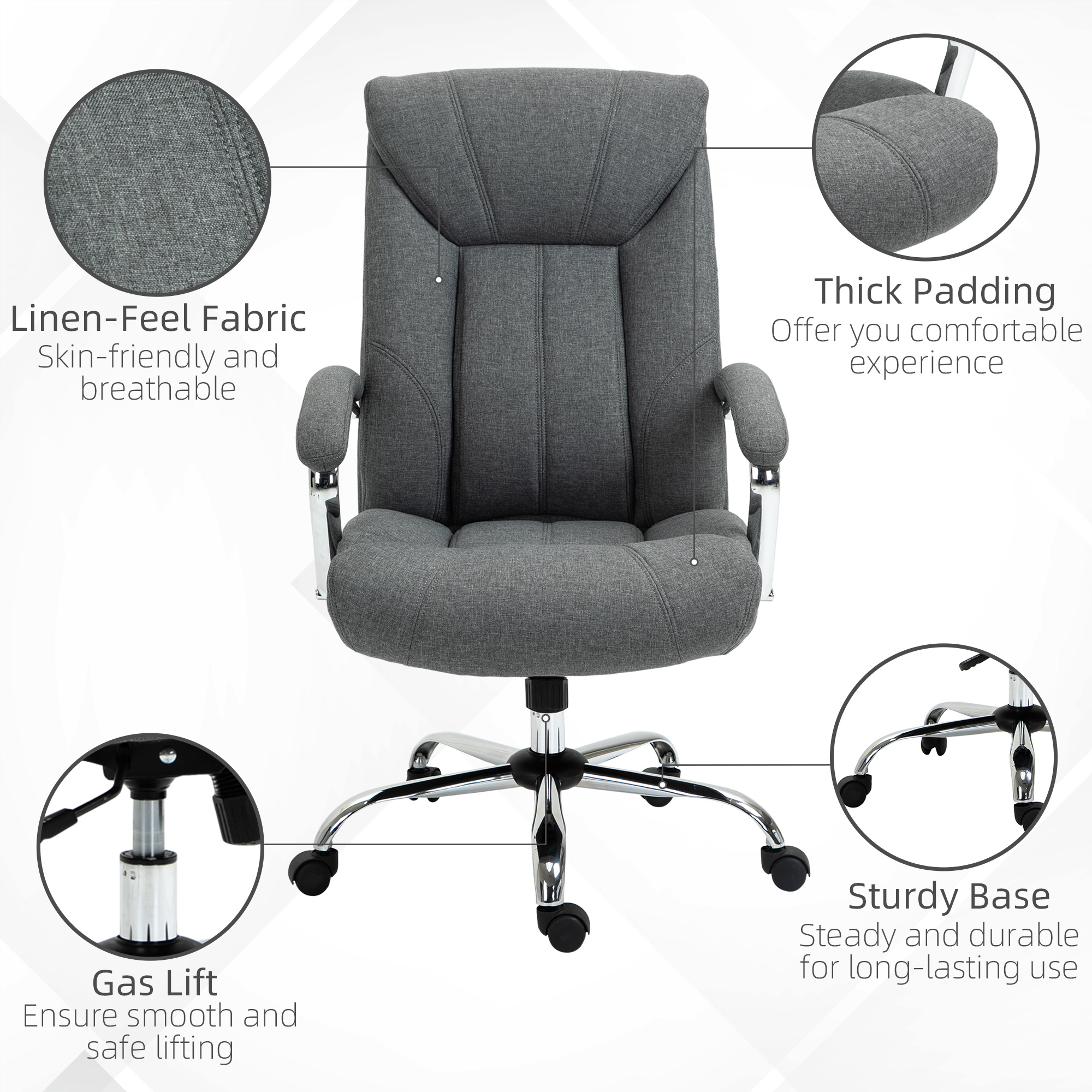 Vinsetto  Office Chair, Fabric Desk Chair, Padded Executive Chair with Adjustable Height, Swivel Wheels, Metal Star Base, Grey 7