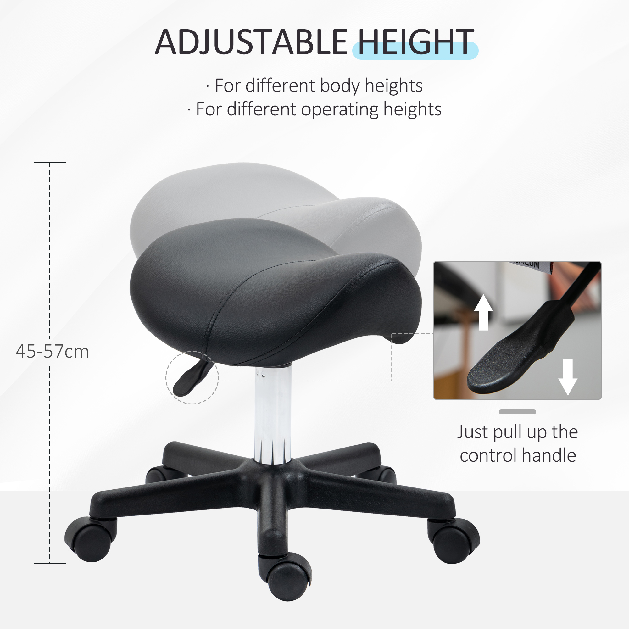 HOMCOM Saddle Stool, PU Leather Adjustable Rolling Salon Chair with Steel Frame for Massage, Spa, Beauty and Tattoo, Black 4