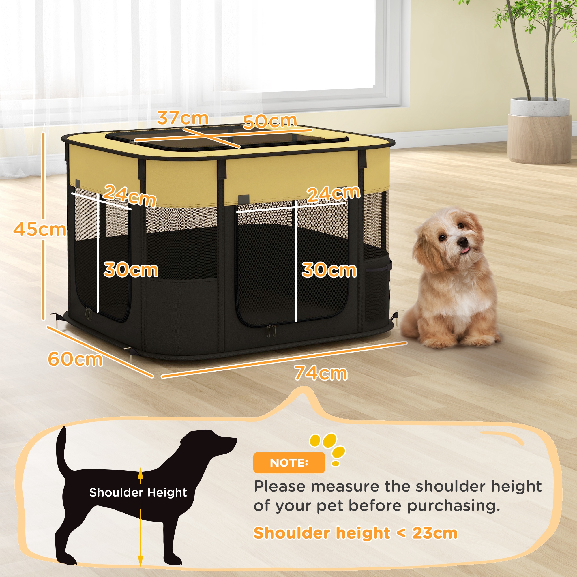 PawHut Foldable Dog Pen with Storage Bag for Indoor/Outdoor Use, Portable Pet playpen, with Ground Stakes Yellow 3