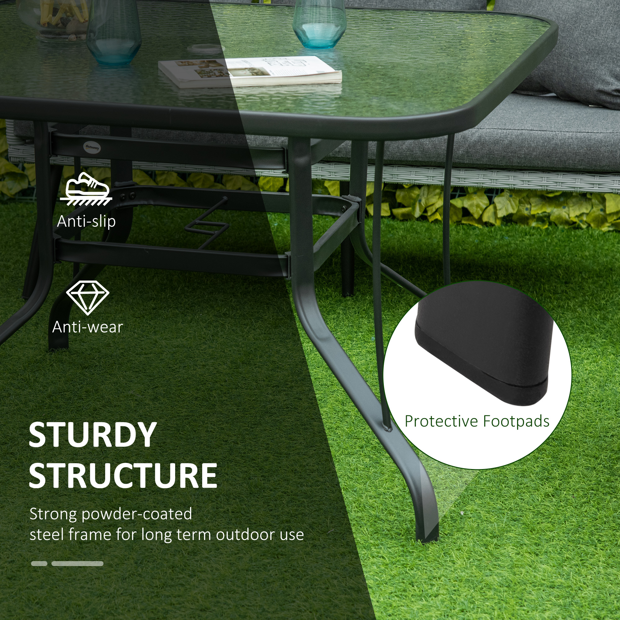 Outsunny Square Outdoor Garden Dining Table with Parasol Hole, Tempered Glass Top, Steel Frame for Garden, Lawn, Patio, Black 6