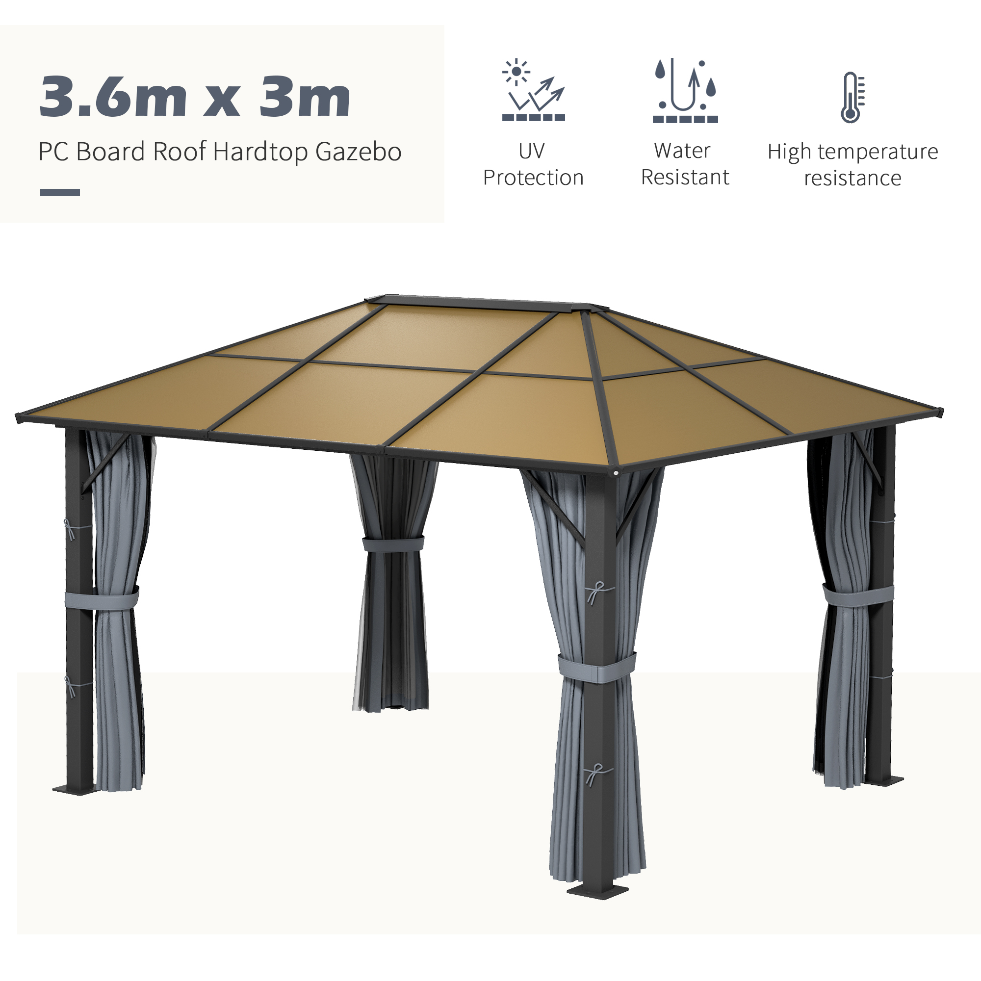 Outsunny 3 x 3.6m Garden Aluminium Gazebo Hardtop Roof Canopy Marquee Party Tent Patio with Mesh Curtains & Side Walls Grey 4