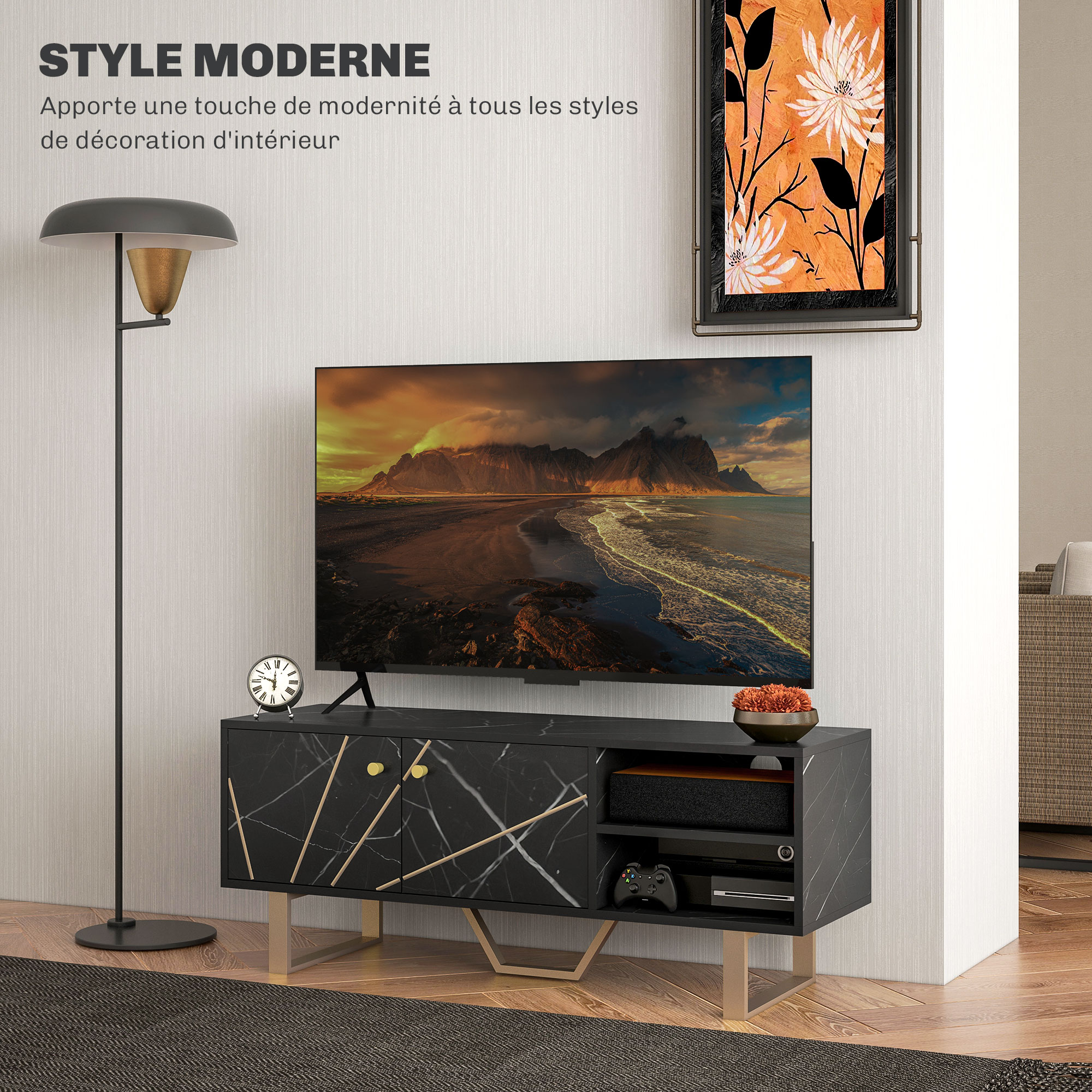 Meuble TV HOMCOM 140 Cm - Pour Télés Jusqu'à 60 Pouces, 2 Portes à Fermeture Douce, Rangement, Noir Et Bois