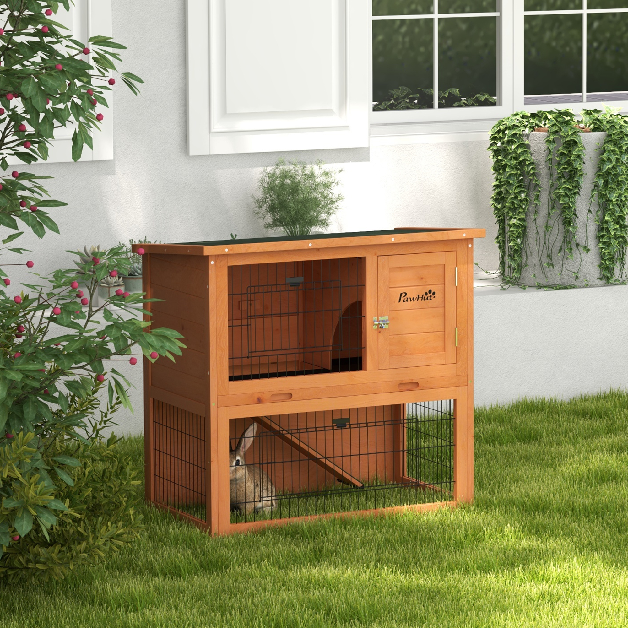 PawHut Two-Tier Antiseptic Wood Rabbit Hutch, 92cm Guinea Pig Hutch with Run - Orange