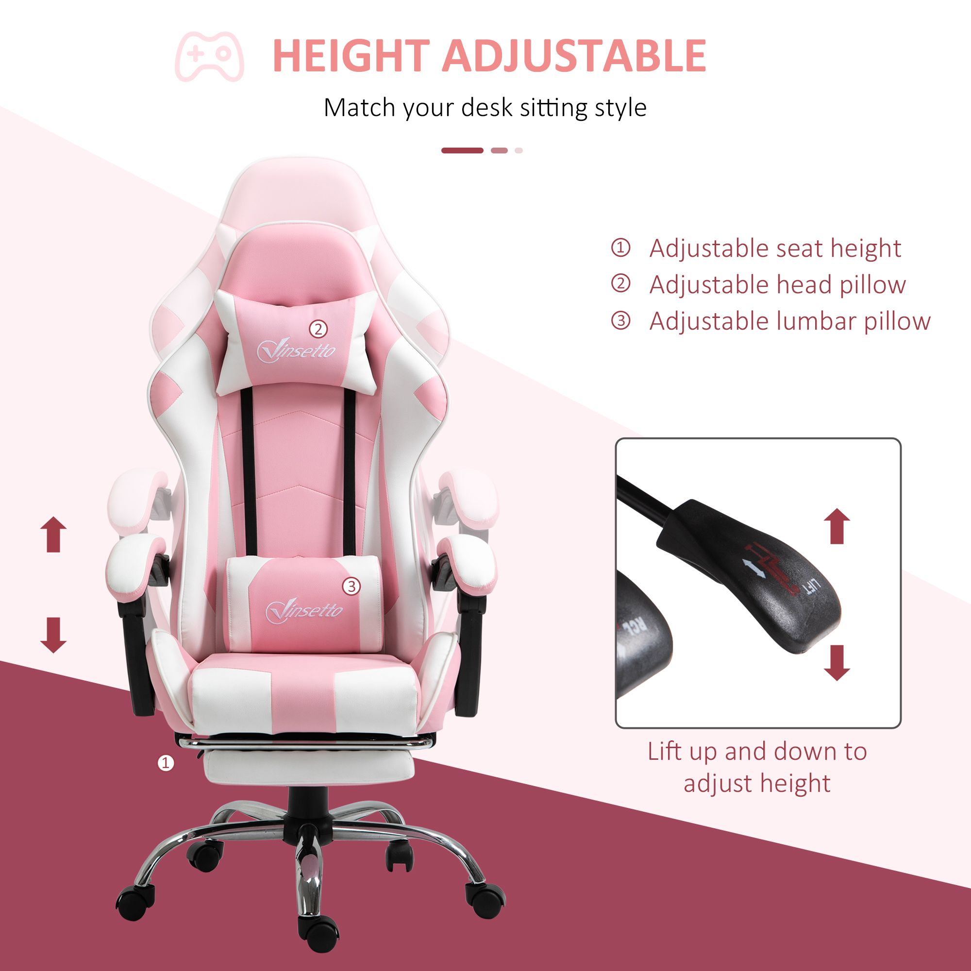 Vinsetto Ergonomic Gaming Chair, PU Leather Reclining Computer Chair with Footrest and Lumbar Support, Headrest and Adjustable Height for Adults, Pink 4