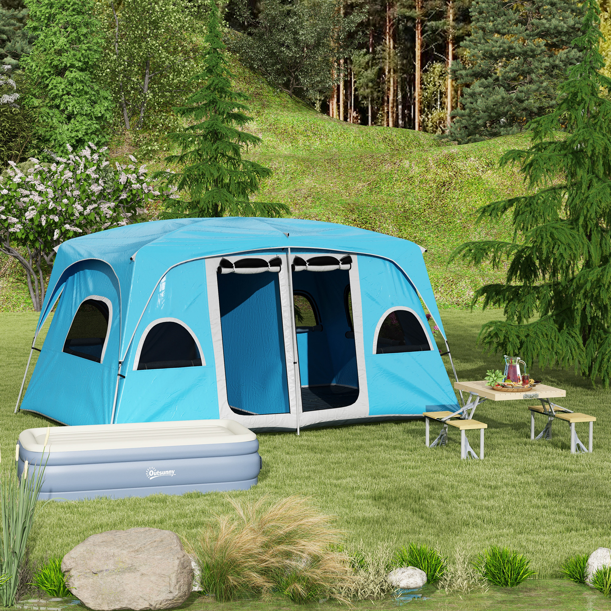 Outsunny 4-8 Person Camping Tent Family Tent with 2 Room, Mesh Windows, Easy Set Up for Backpacking, Hiking, Outdoor, Blue 9