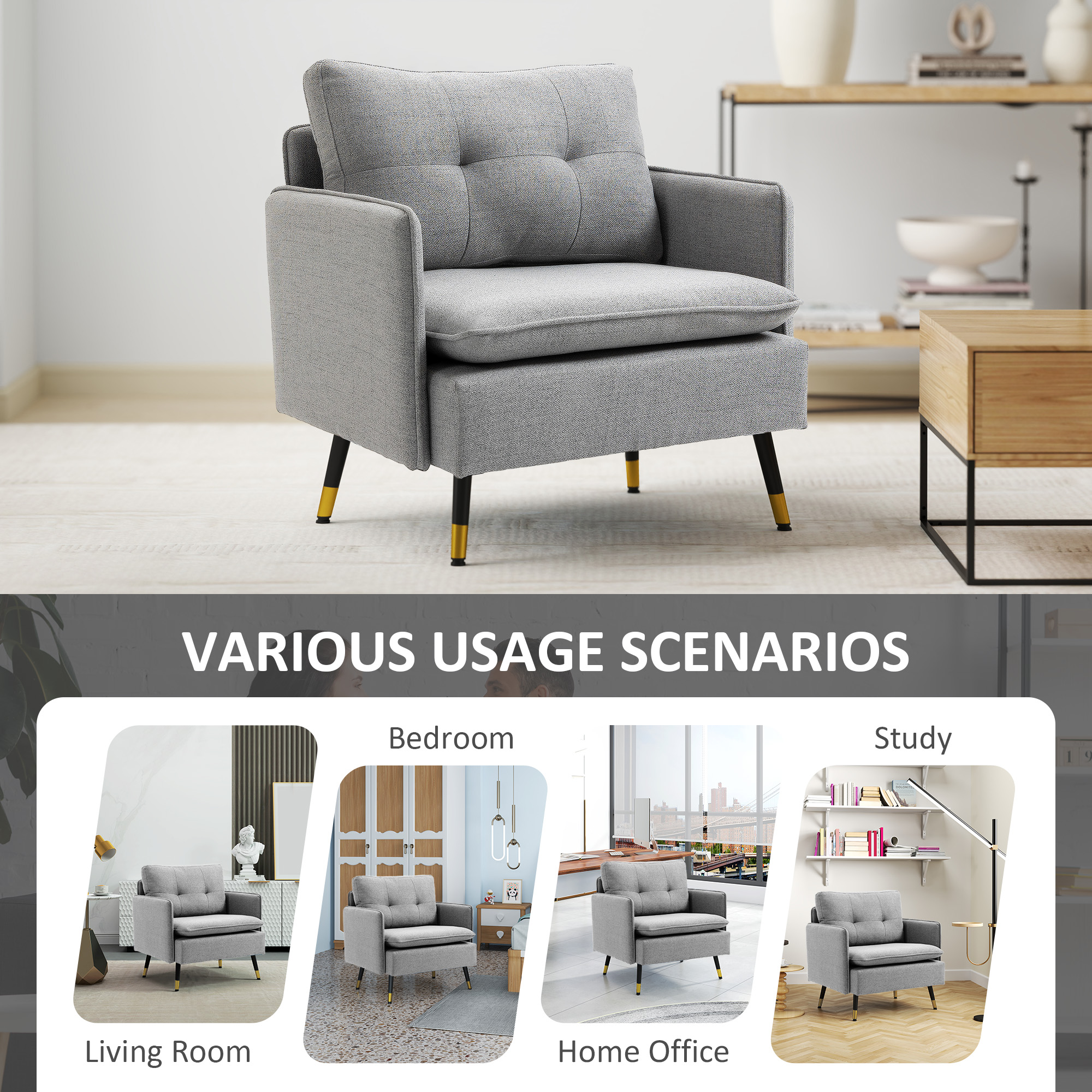 HOMCOM Modern Accent Chair, Upholstered Button Tufted Occasional Chair for Living Room and Bedroom, Grey 6
