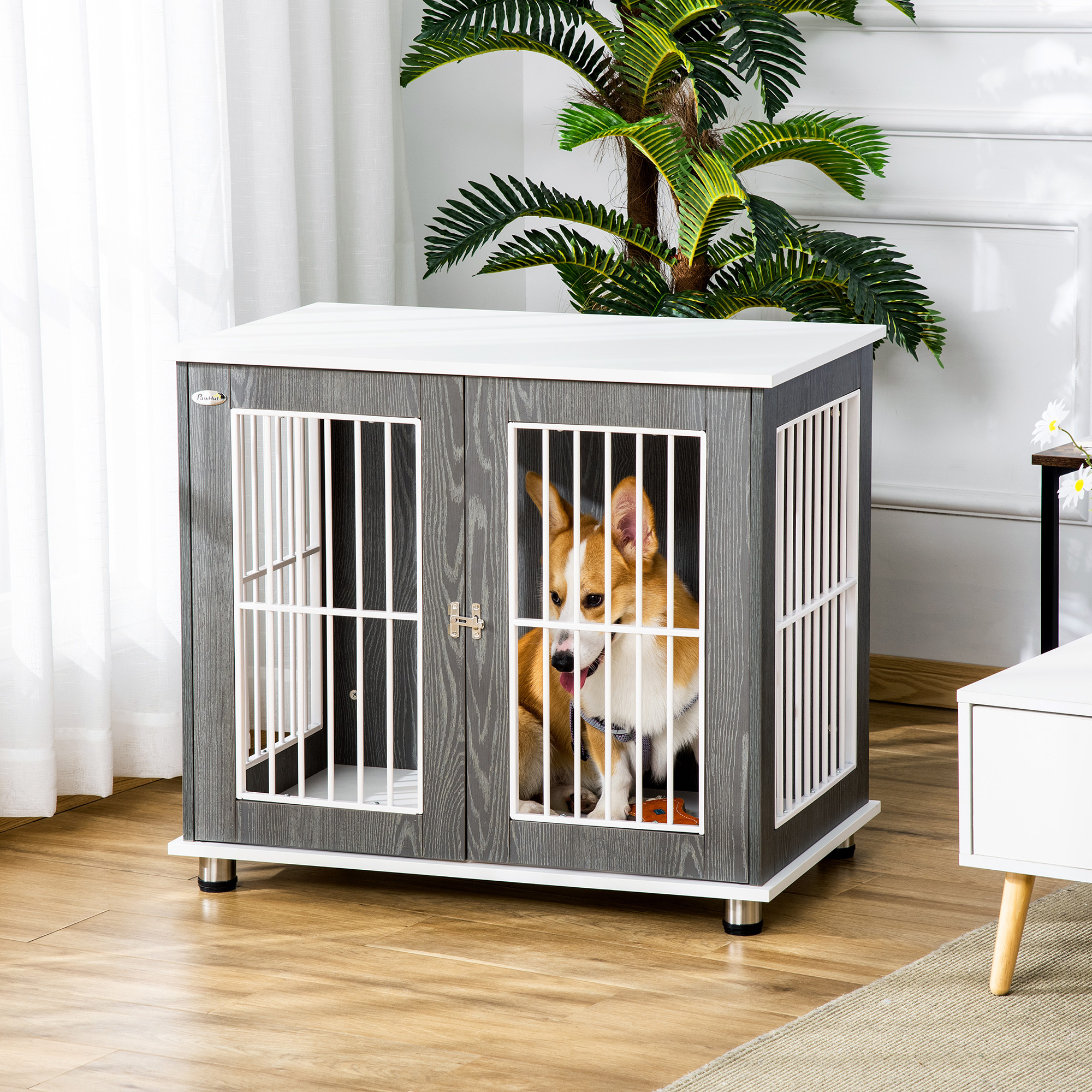 PawHut Dog Crate Wooden Pet Kennel Cage End Table w/ Lockable Door for Small Medium Dog Grey & White 85 x 55 x 75 cm 2