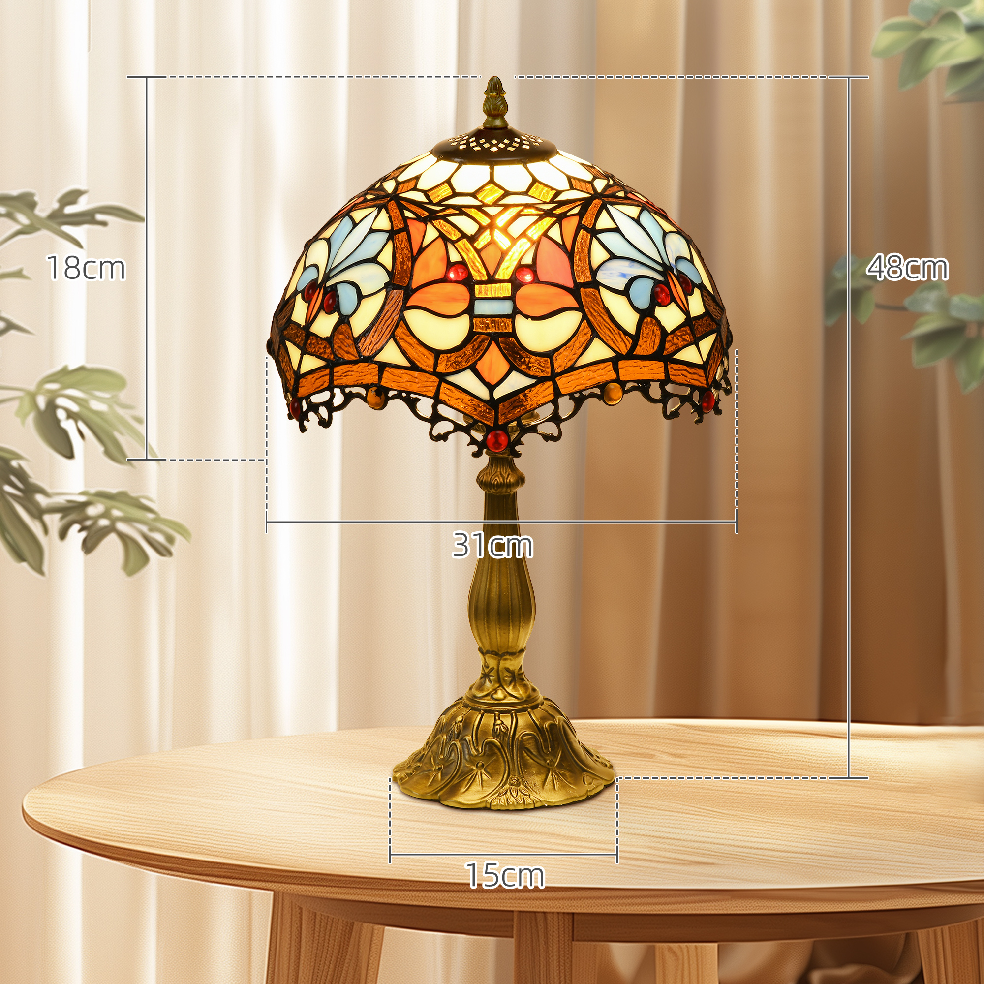 HOMCOM Stained Glass Table Lamp, Handcrafted Artisan Collectible, Suitable for Living Room and Bedside, Multi-Coloured, Ф30 x 48Hcm, Zinc Alloy. 3