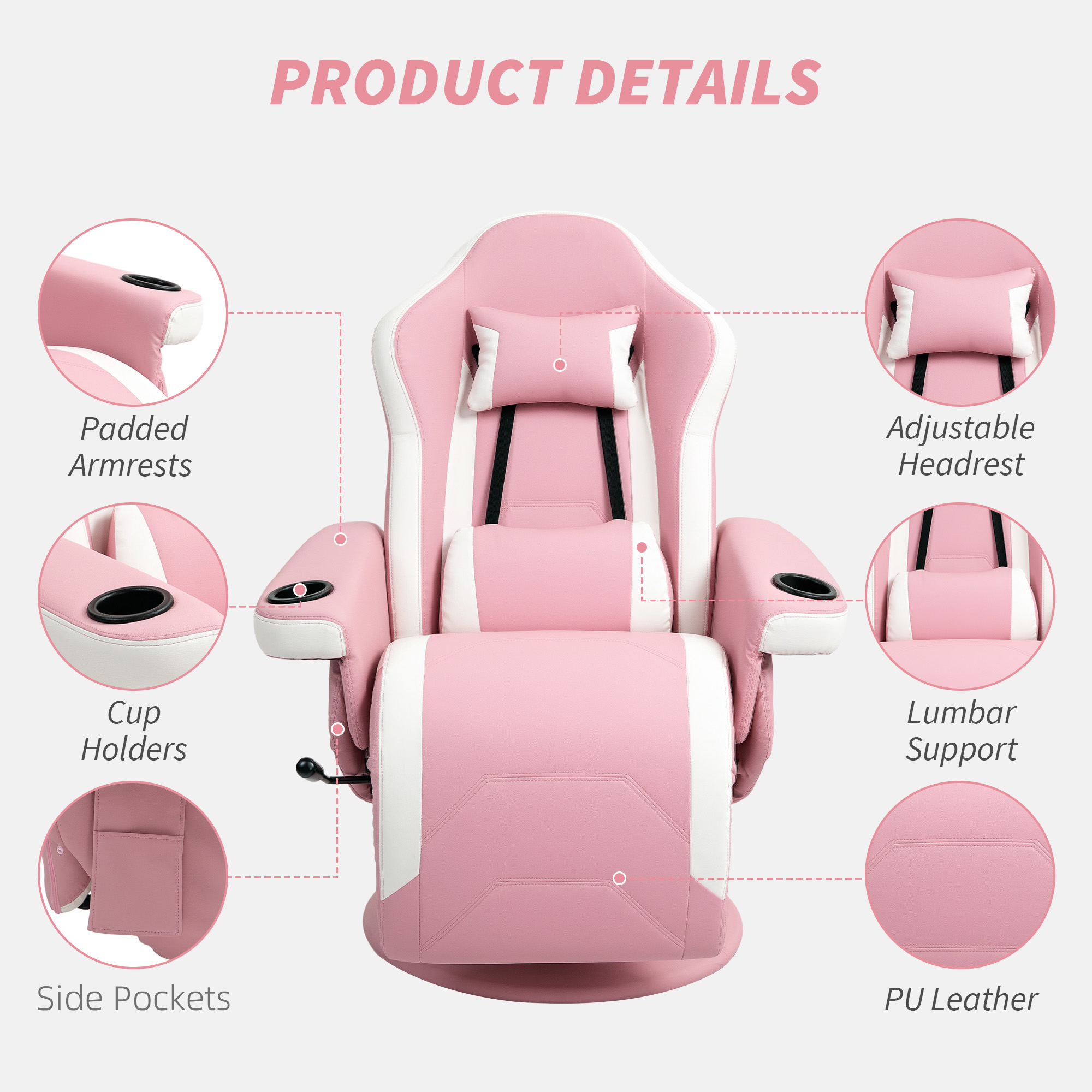 HOMCOM Manual Recliner Armchair PU Leather Lounge Chair w Adjustable Leg Rest, 135° Reclining Function, 360° Swivel, Pink 6