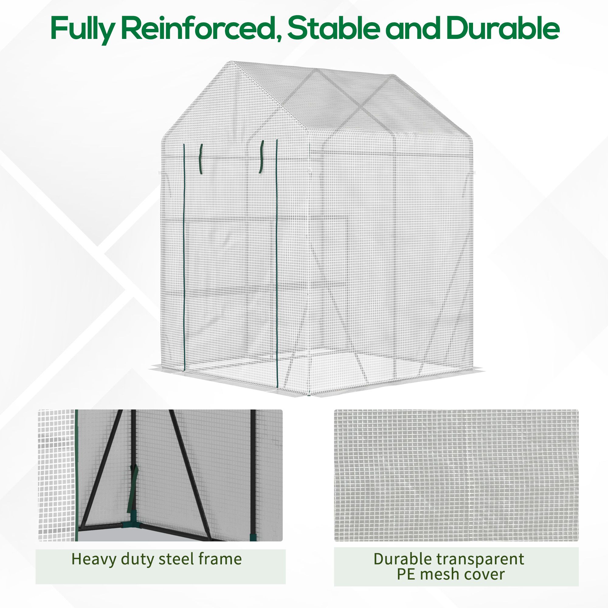 Outsunny Walk In Greenhouse with 2 Tier Shelf, Portable Gardening Plant Grow House Tomato Greenhouse with Roll up Zip Panel Door, Reinforced PE Cover, 143 x 143 x 195cm, Green 6