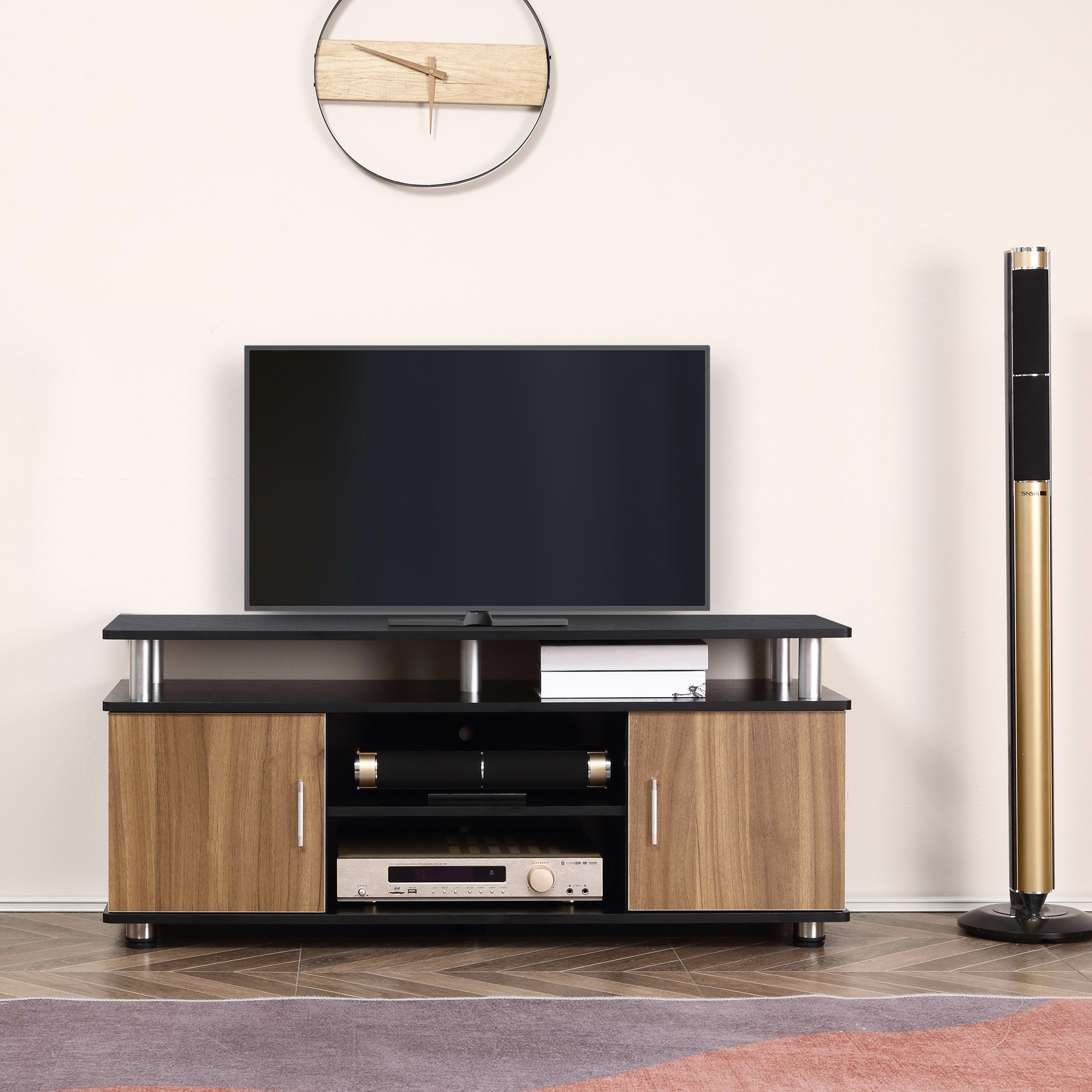 HOMCOM TV Cabinet Unit for TVs up to 50'' with Storage Shelf and Cupboards, Living Room Entertainment Center Media Console, Black and Walnut 2