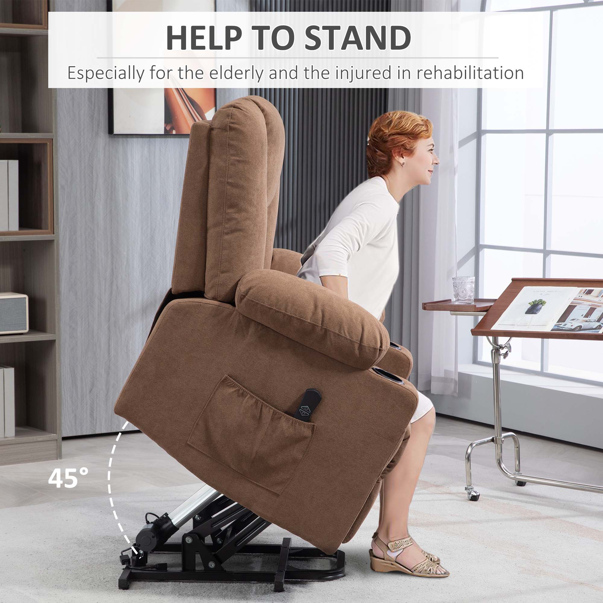HOMCOM Oversized Riser and Recliner Chairs for the Elderly, Fabric Upholstered Lift Chair for Living Room with Remote Control, Side Pockets, Cup Holder, Brown 4