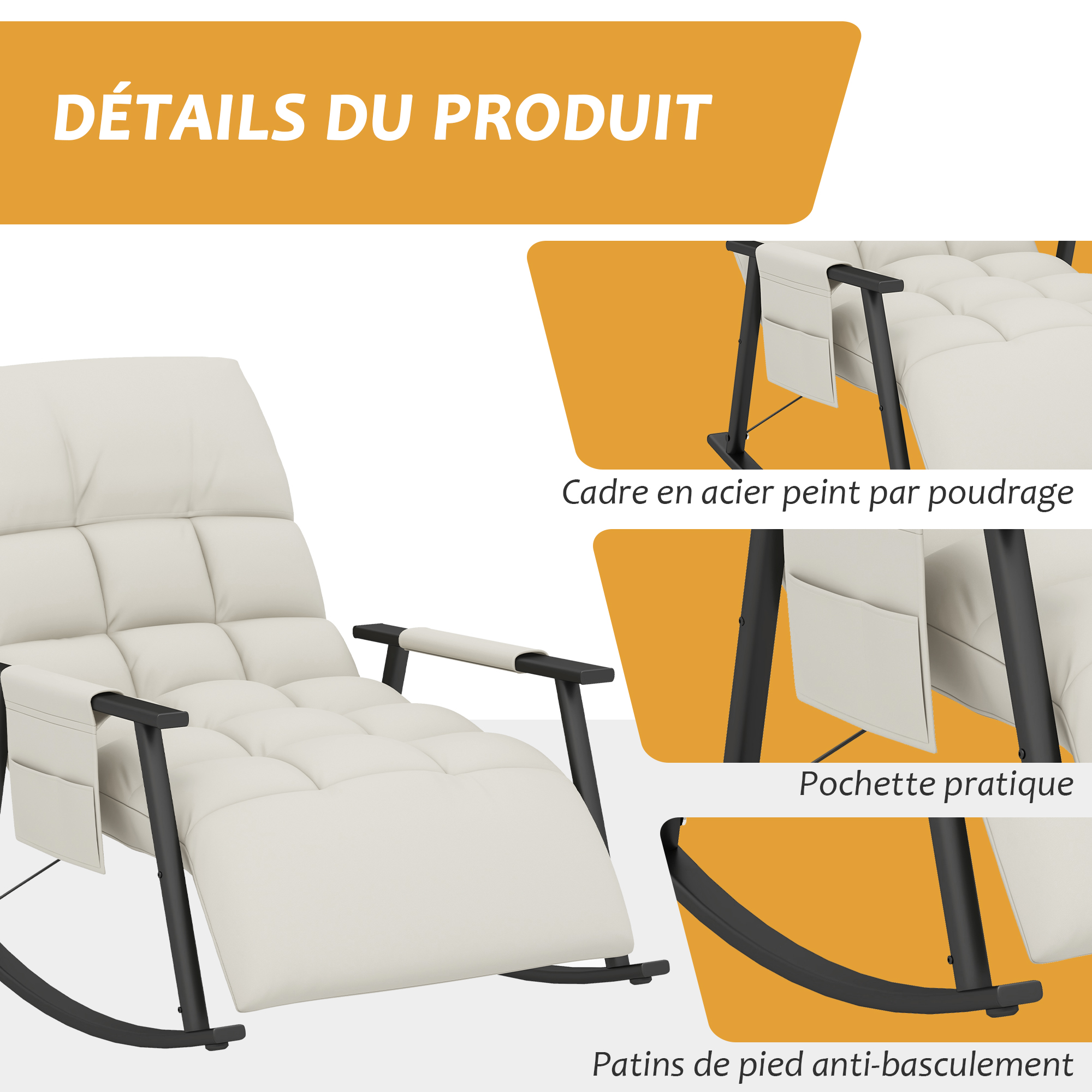 Fauteuil à Bascule Homcom, Fauteuil à Bascule En Velours, Accoudoirs, Fauteuil Avec Glissière En