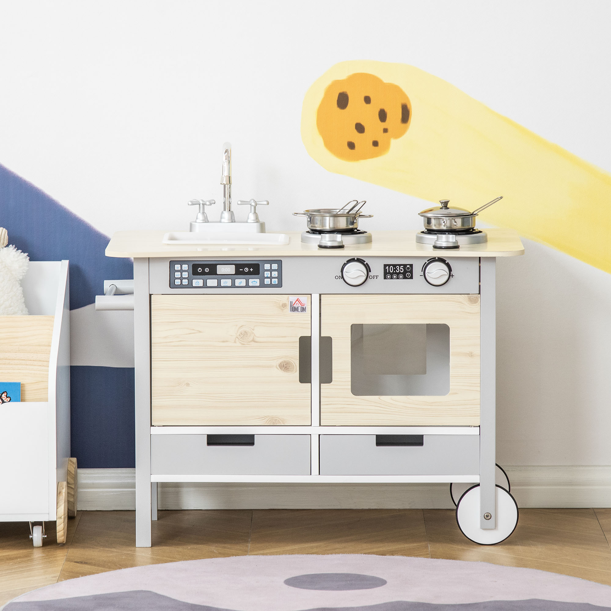 HOMCOM Cuisine Enfant 3-6 Ans – Stand Fast-Food 50 Accessoires, Caisse Enregistreuse, Roulettes, 79,5x33x90,5 Cm – Jeu De Rôle Chef/Caissier/Client