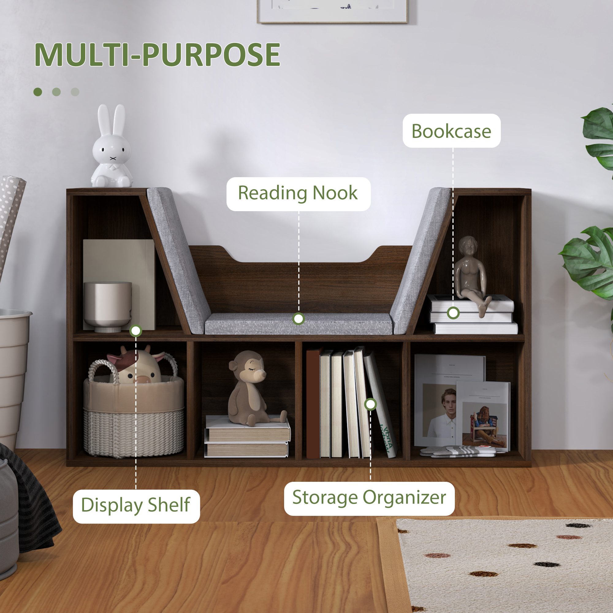 HOMCOM Bookcase Storage Shelf with Cushioned Reading Seat, Cube Bookshelf Organizer for Bedroom Living Room, Chestnut 5