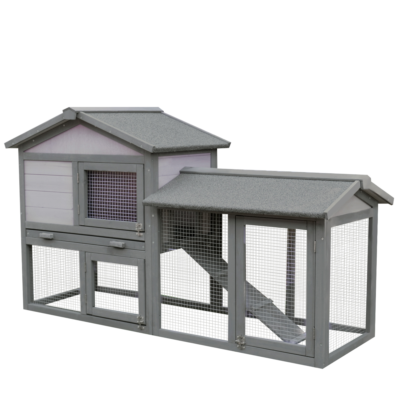 PawHut Conigliera Gabbia per Conigli in Legno da Esterno con Casetta, Spazio Aperto Recintato e Tetto 147x54x84cm