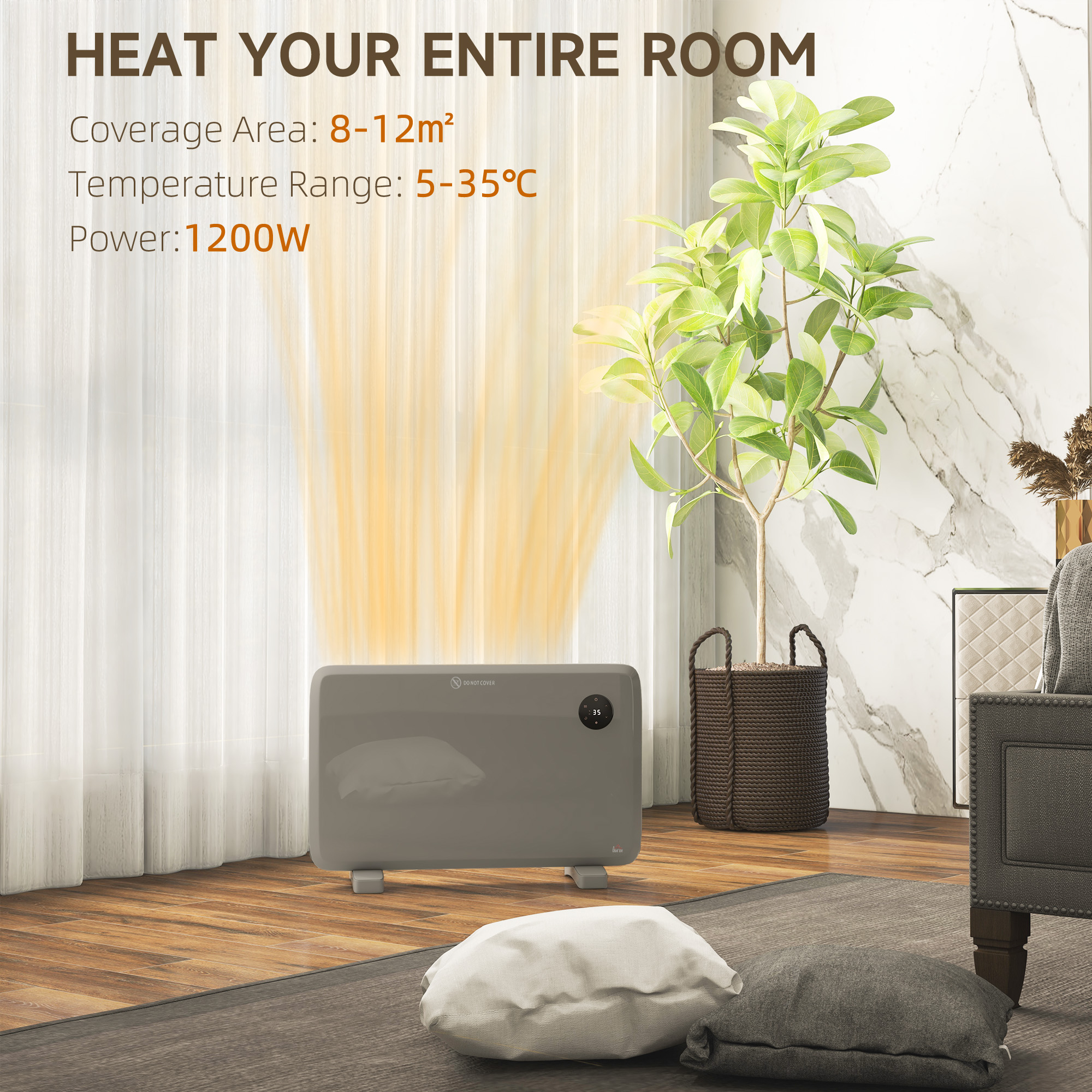 HOMCOM 1200W Electric Convector Heater, Freestanding or Wall Mounted, Space Heater with Adjustable Thermostat, Timer, Grey 4