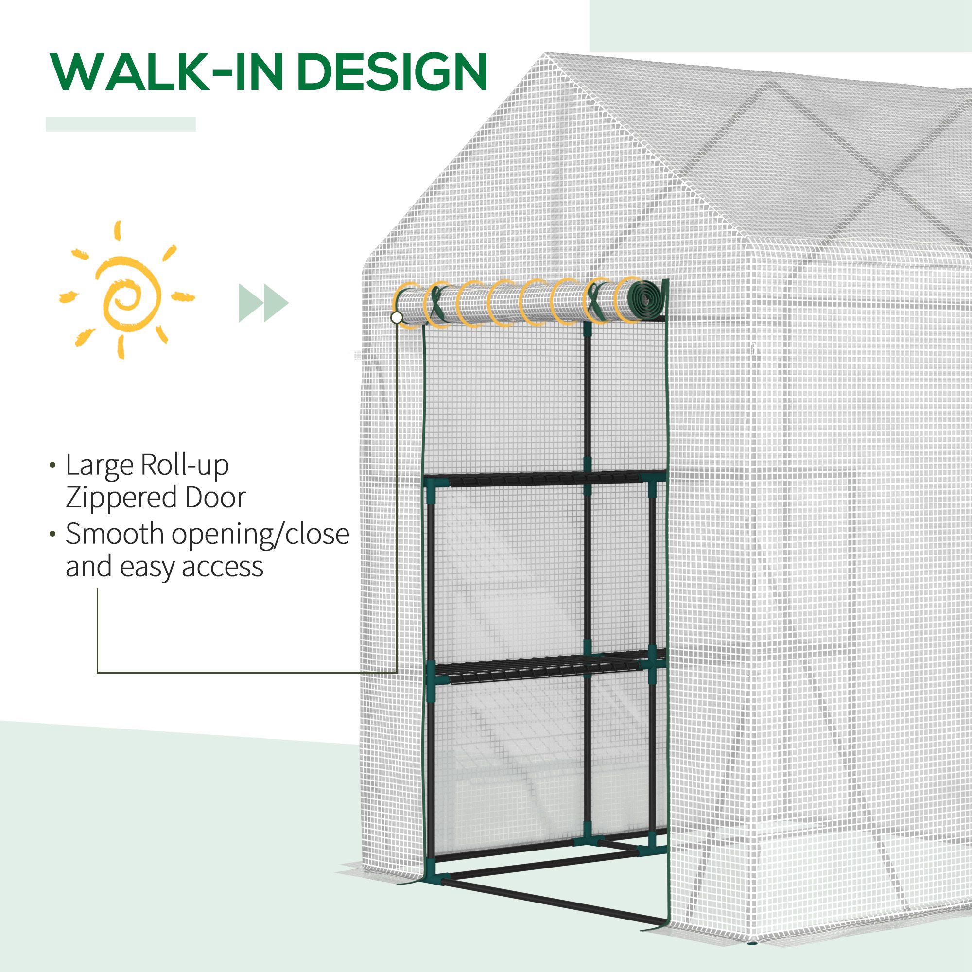 Outsunny Walk In Greenhouse with 2 Tier Shelf, Portable Gardening Plant Grow House Tomato Greenhouse with Roll up Zip Panel Door, Reinforced PE Cover, 143 x 143 x 195cm, Green 5