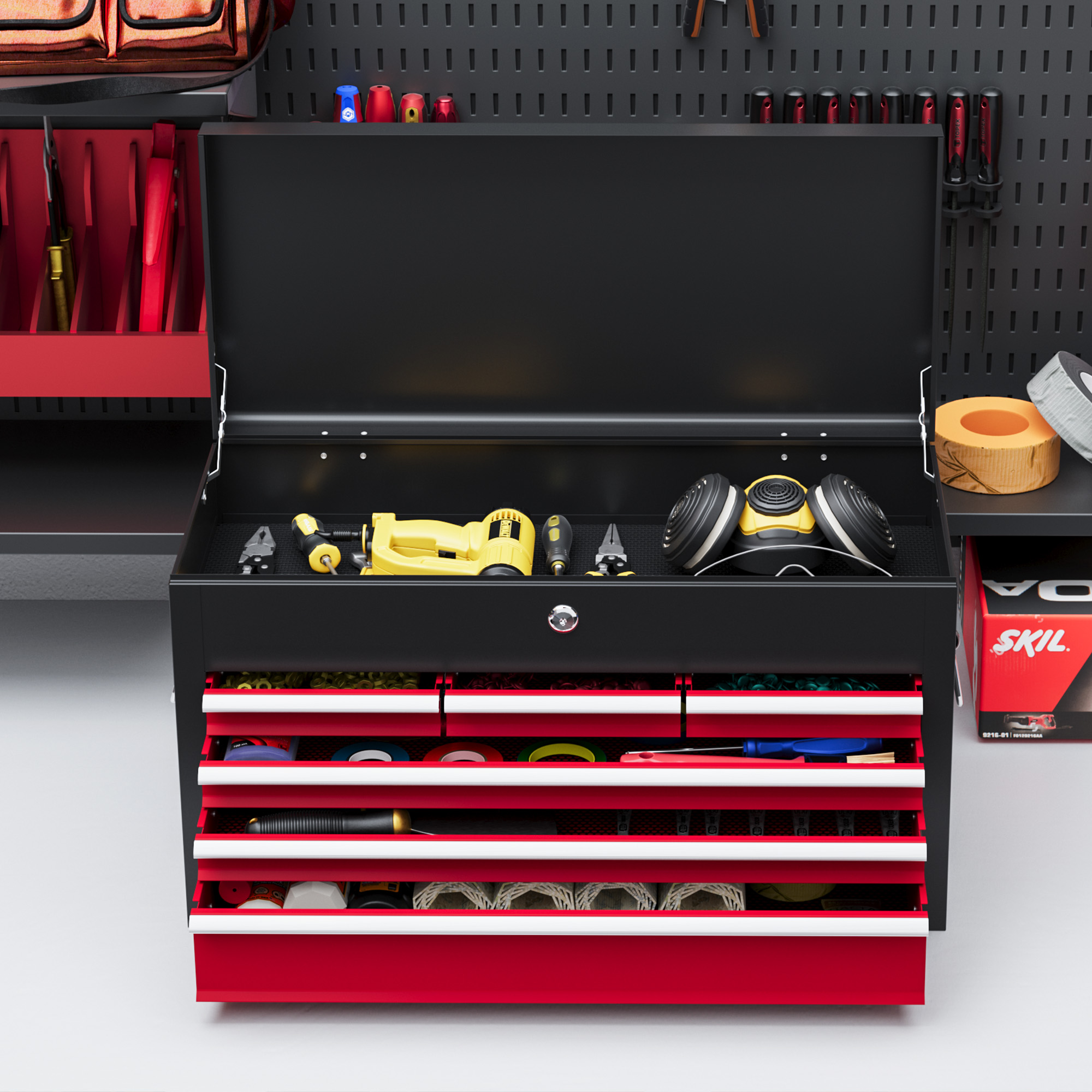 Cassetta Porta Attrezzi HOMCOM A 6 Cassetti Con Serratura - In Acciaio, Guide A Sfera, Tappetini EVA, Dimensioni 60x26x34 Cm, Colore Nero E Rosso