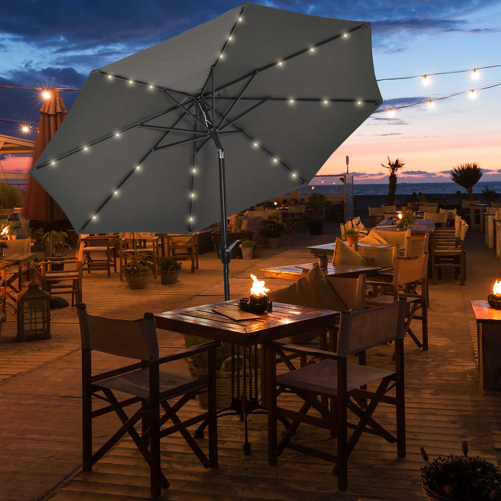 Outsunny Φ2.7m Garden 24 LED Light Parasol Solar Outdoor Tilt Sun Umbrella Patio Club Party Event Manual Sun Shade w/ Hand Crank and 8 Ribs, Grey 2