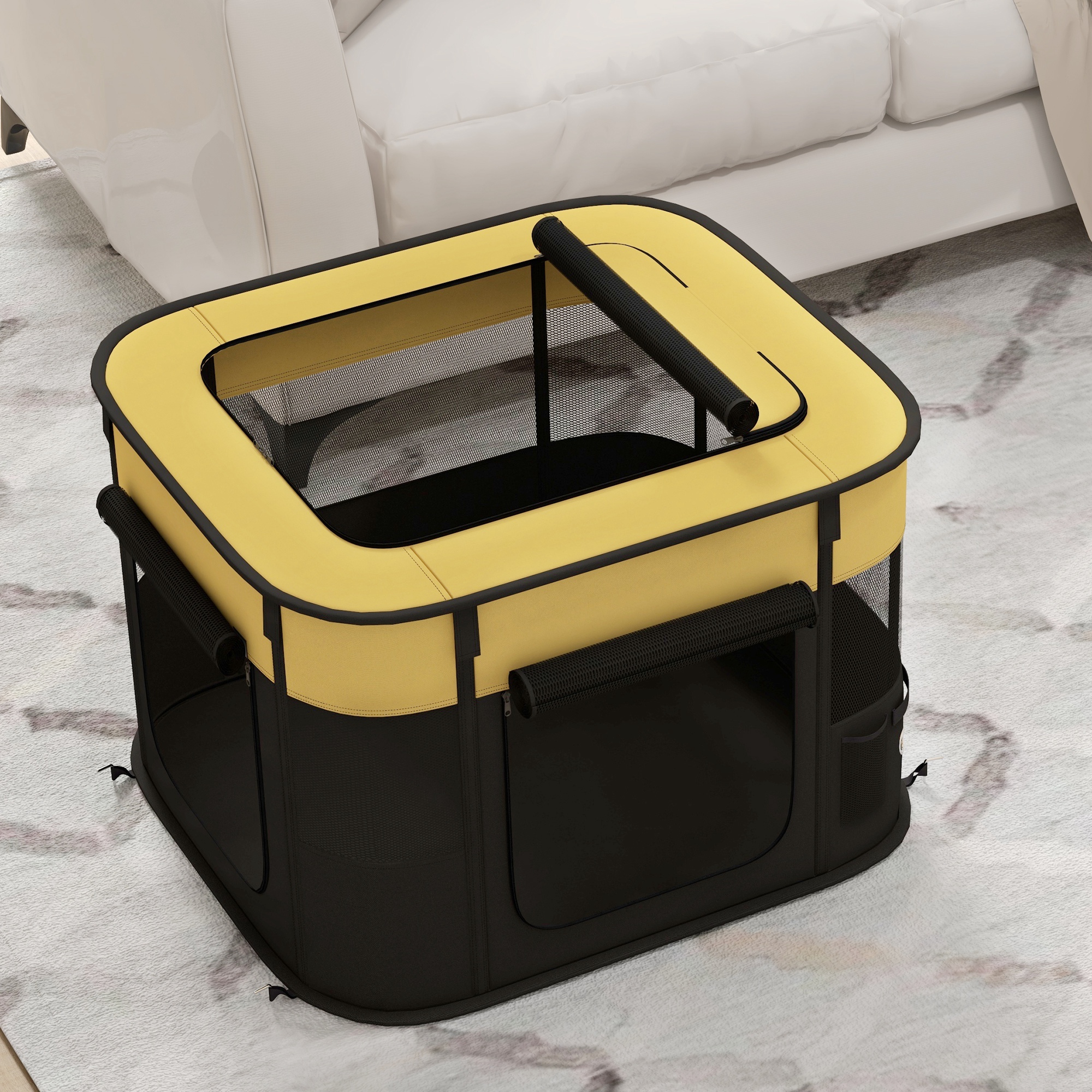PawHut Foldable Dog Pen with Storage Bag for Indoor/Outdoor Use, Portable Pet playpen, with Ground Stakes Yellow 8