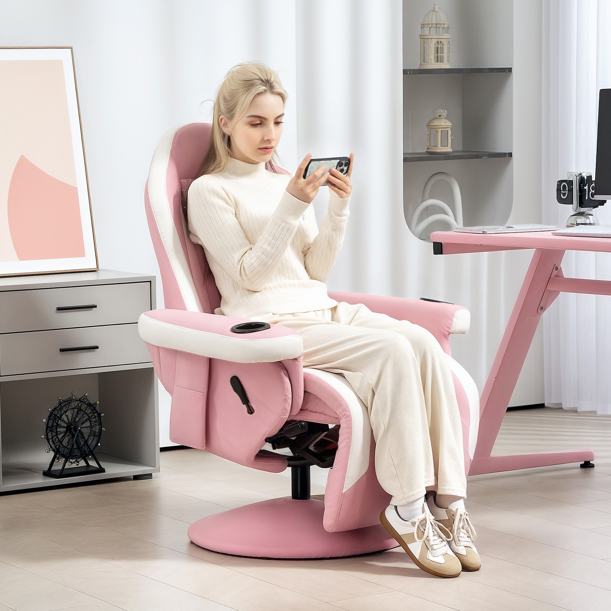 HOMCOM Manual Recliner Armchair PU Leather Lounge Chair w Adjustable Leg Rest, 135° Reclining Function, 360° Swivel, Pink 2