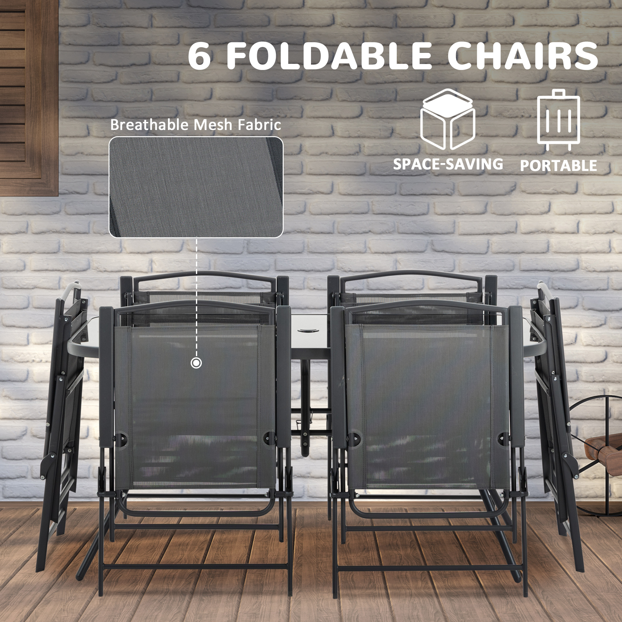 Outsunny Eight-Piece Garden Dining Set, with Chairs, Table and Parasol Black 5