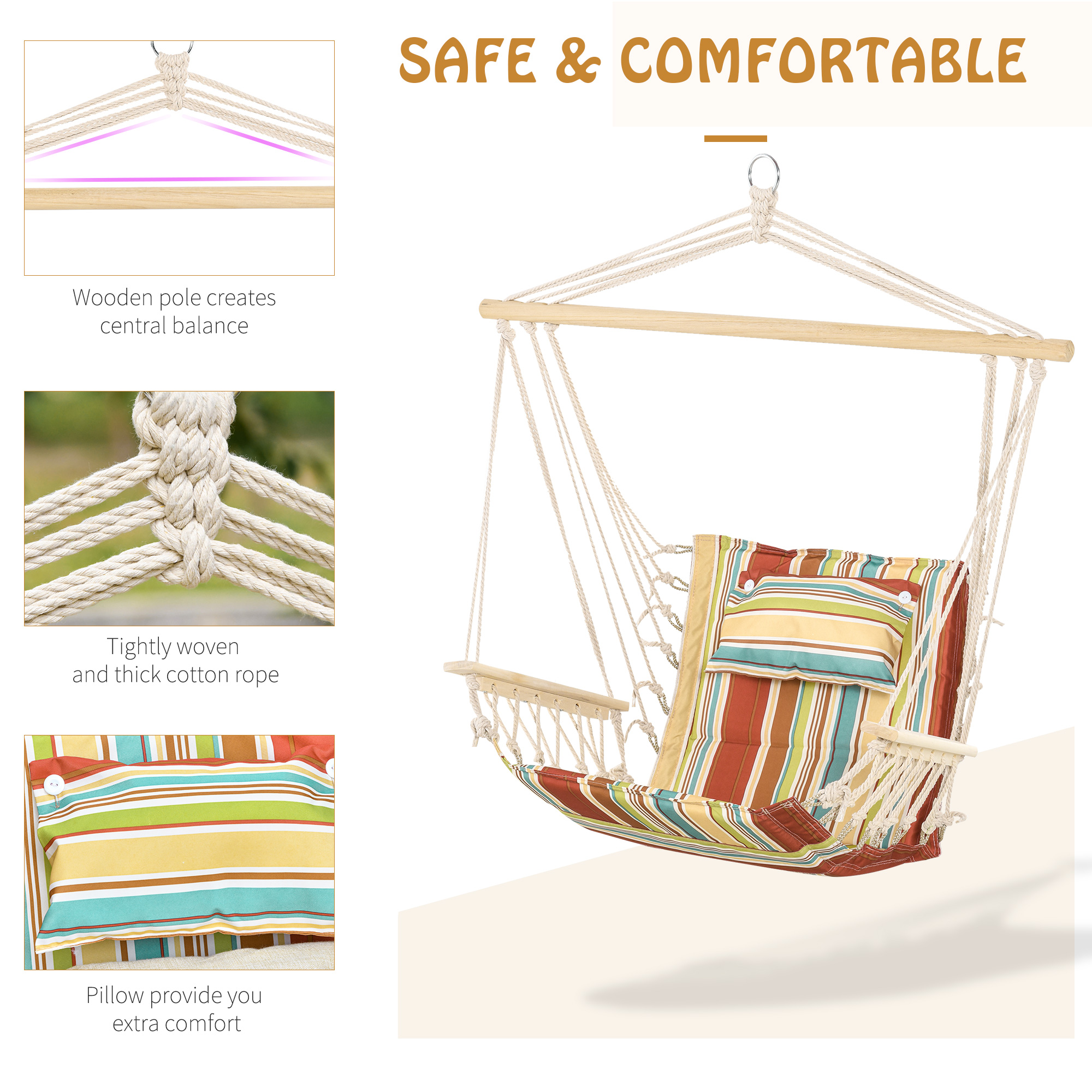 Outsunny Hanging Hammock Chair Swing Chair Thick Rope Frame Safe Wide Seat Indoor Outdoor Home, Patio, Yard, Garde Spot Stylish Multi-Color Stripe 5