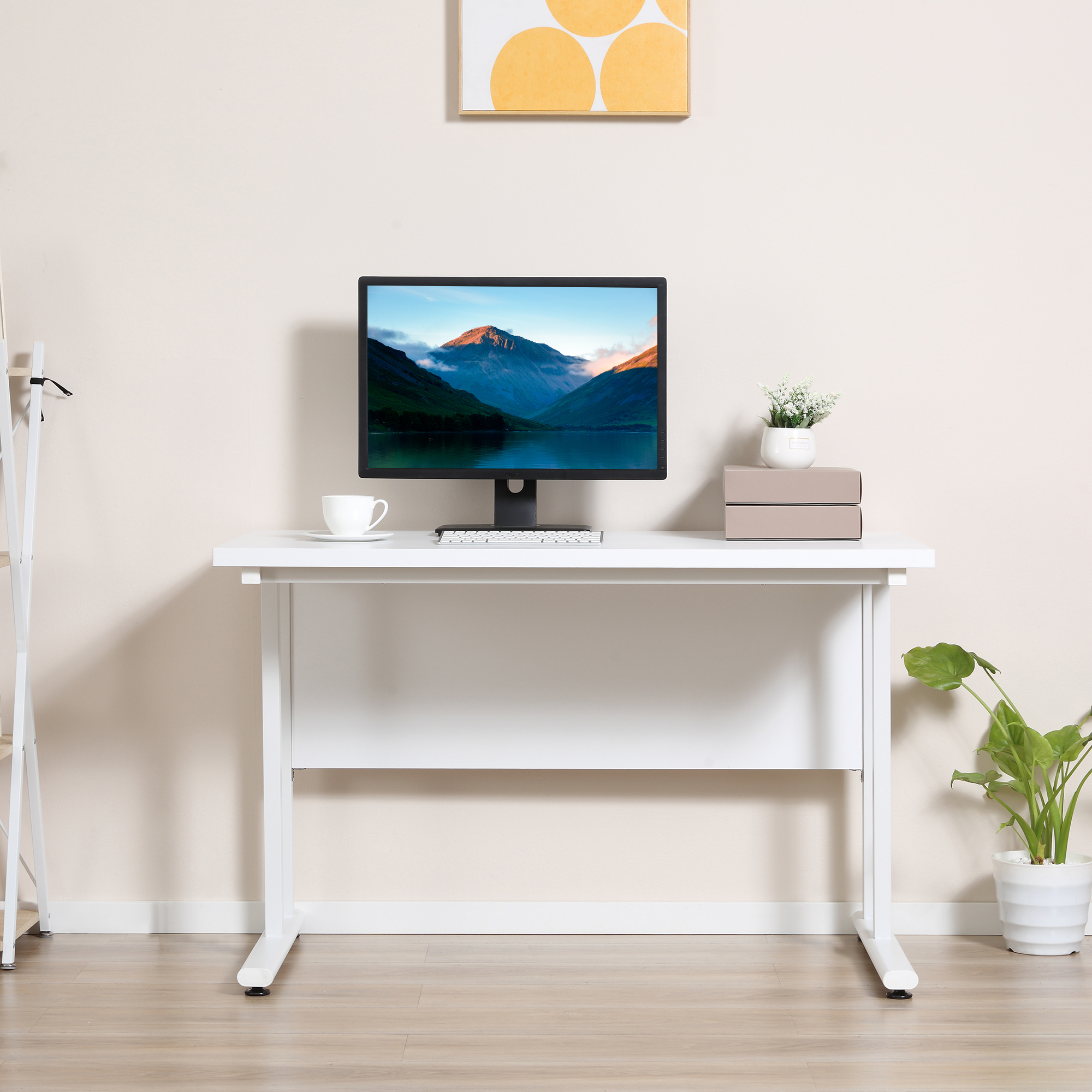 HOMCOM Computer Desk, Home Office Desk, Writing Table, 120x60x75cm Laptop Workstation with 2 Cable Management Holes, C Shaped Metal Legs for Adults, White 7