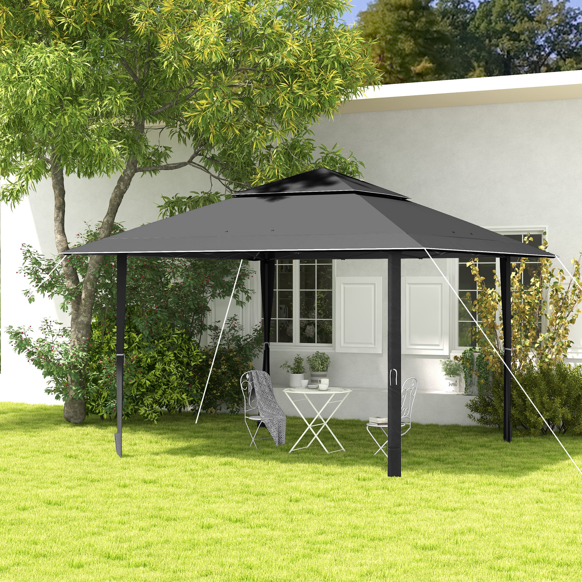Outsunny 4 x 4m Pop-up Gazebo Double Roof Canopy Tent with UV Proof, Roller Bag & Adjustable Legs Outdoor Party, Steel Frame, Dark Grey 2