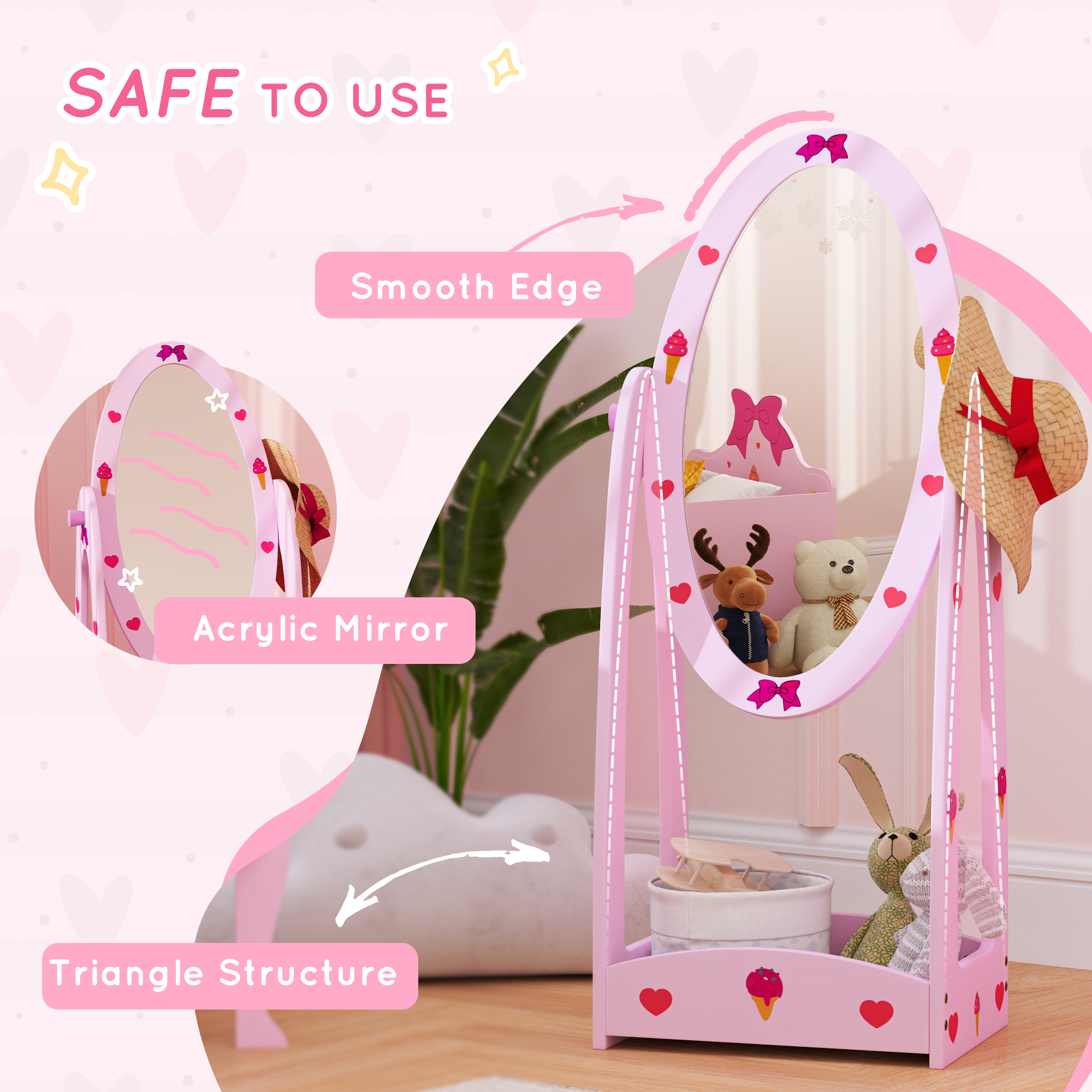 AIYAPLAY Kids Full Length Mirror, 360° Rotating Children Standing Mirror with Storage Shelf, Pink 5