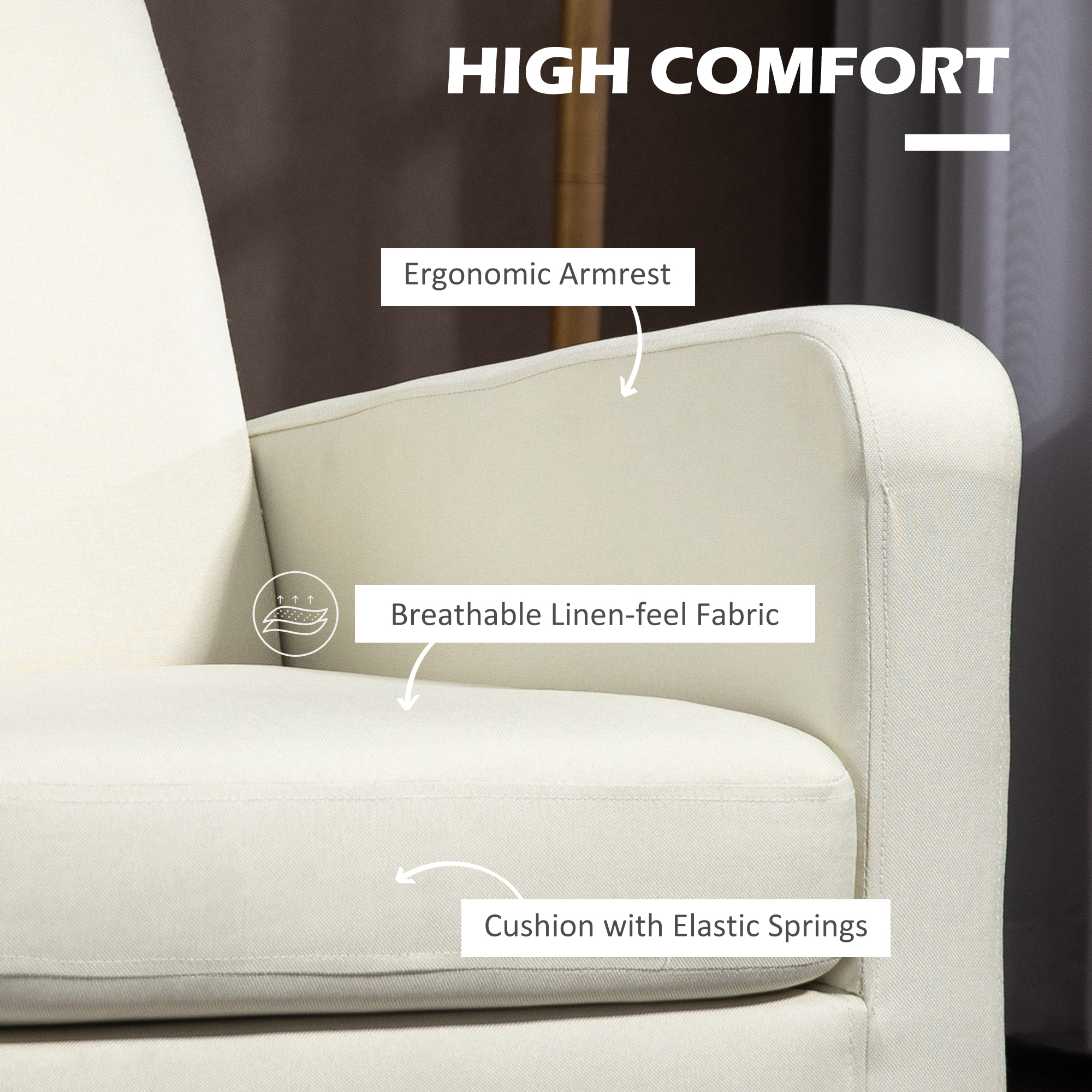 HOMCOM 2 Pieces Modern Armchairs with Rubber Wood Legs, Upholstered Accent Chairs, Single Sofa for Living Room, Bedroom, Cream White 5