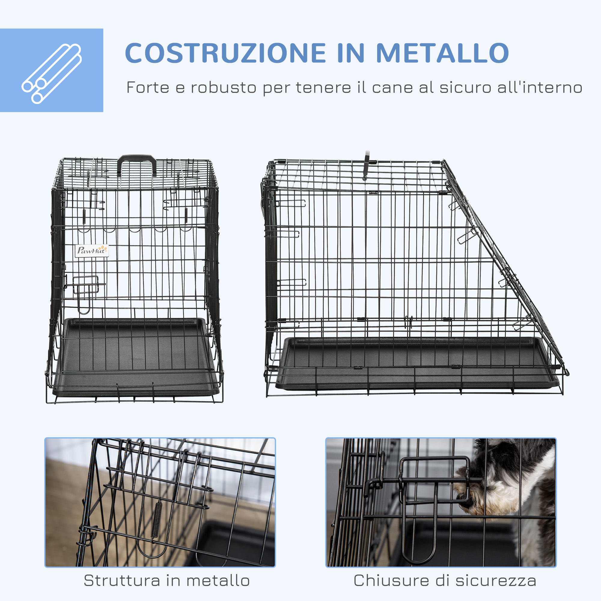 Gabbia Trasportino Pieghevole PawHut Per Cani E Gatti - 122x77x82 Cm Nero, Doppia Porta Con Sicurezza - Foto 2