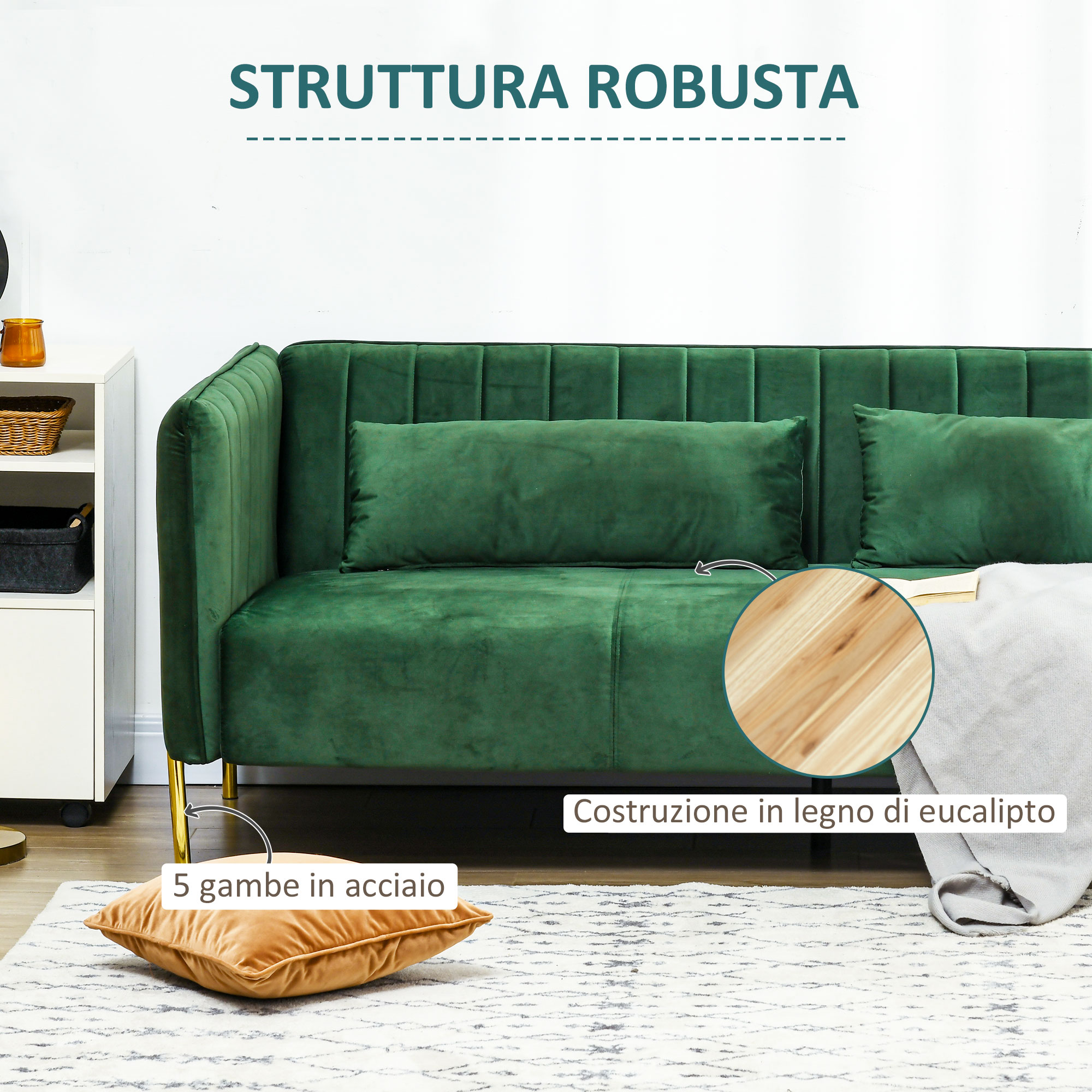 HOMCOM Divano Posti Verde Cuscini Imbottiti e Gambe in Acciaio