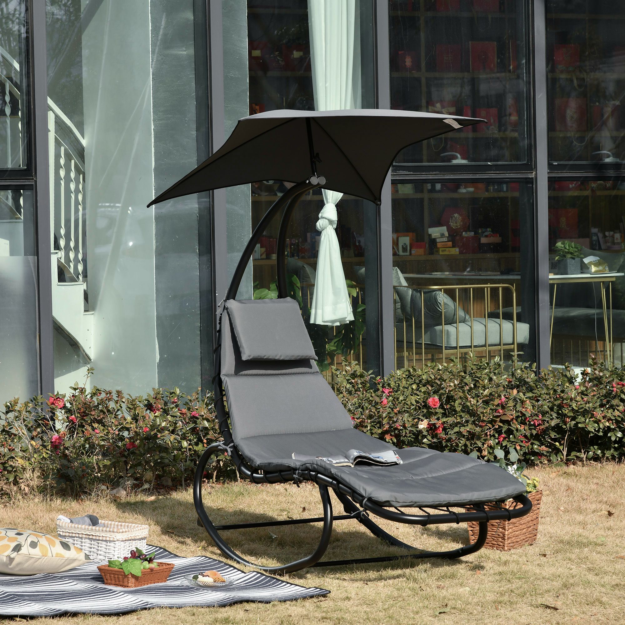 Outsunny Patio Rocking Chaise Lounge Rocking Bed with Canopy Cushion Headrest Pillow 2