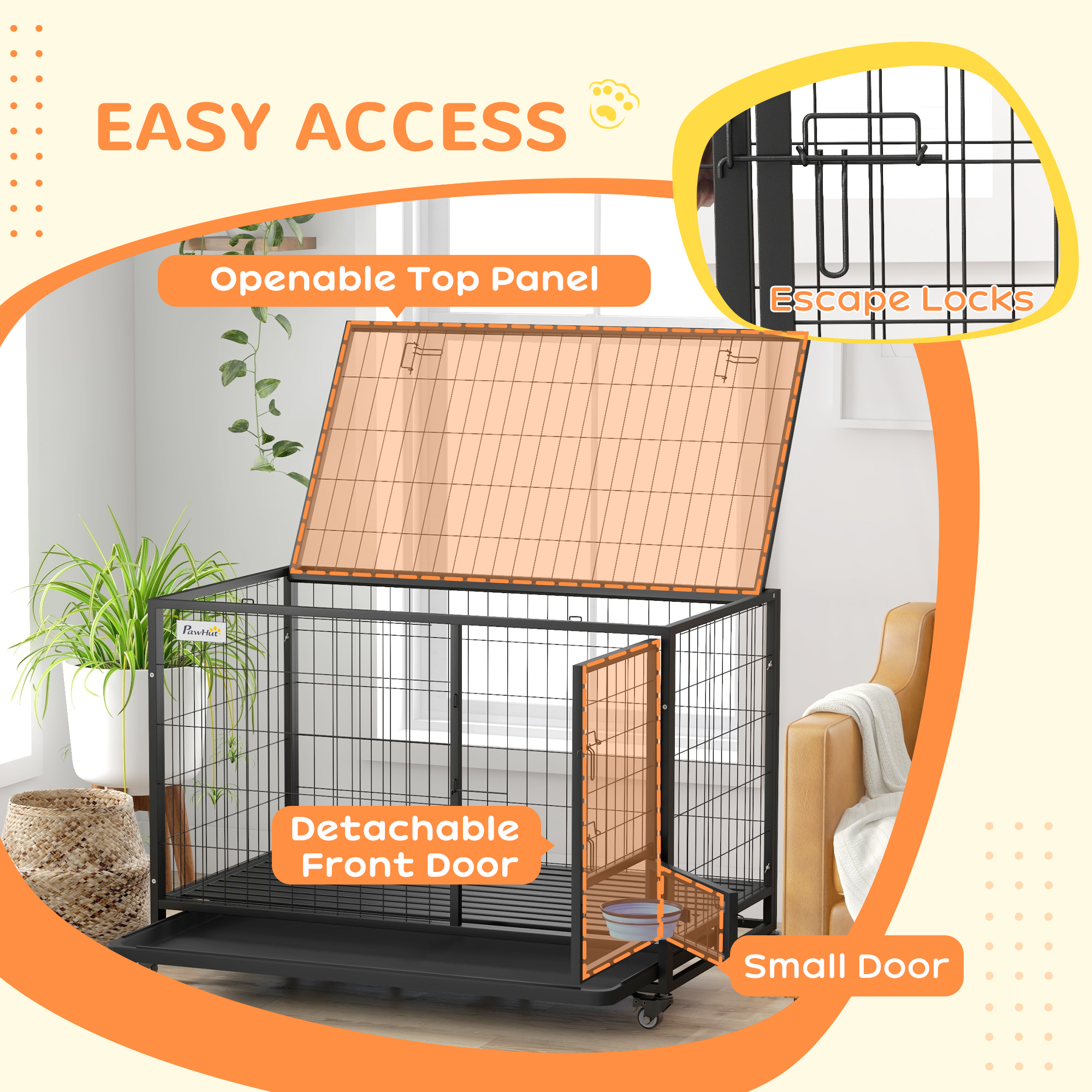 PawHut Heavy Duty Dog Crate on Wheels w/ Bowl Holder, Removable Tray, Openable Top, Detachable Door, for L, XL Dogs 6