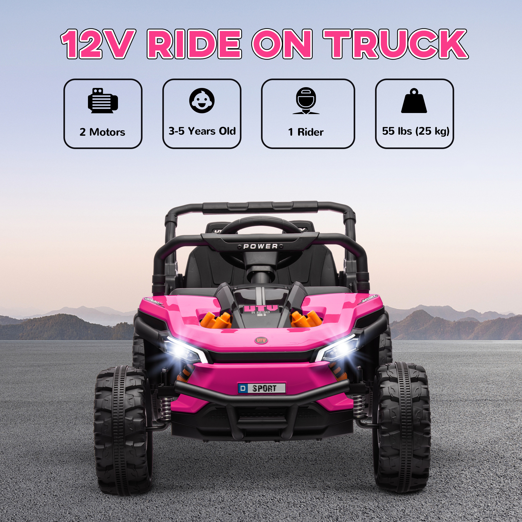 AIYAPLAY 12V Battery Powered Ride on Truck w/ Remote, Four Suspension Wheels, Horn, Lights, Music, USB, for Ages 3-5 Years, Pink 4