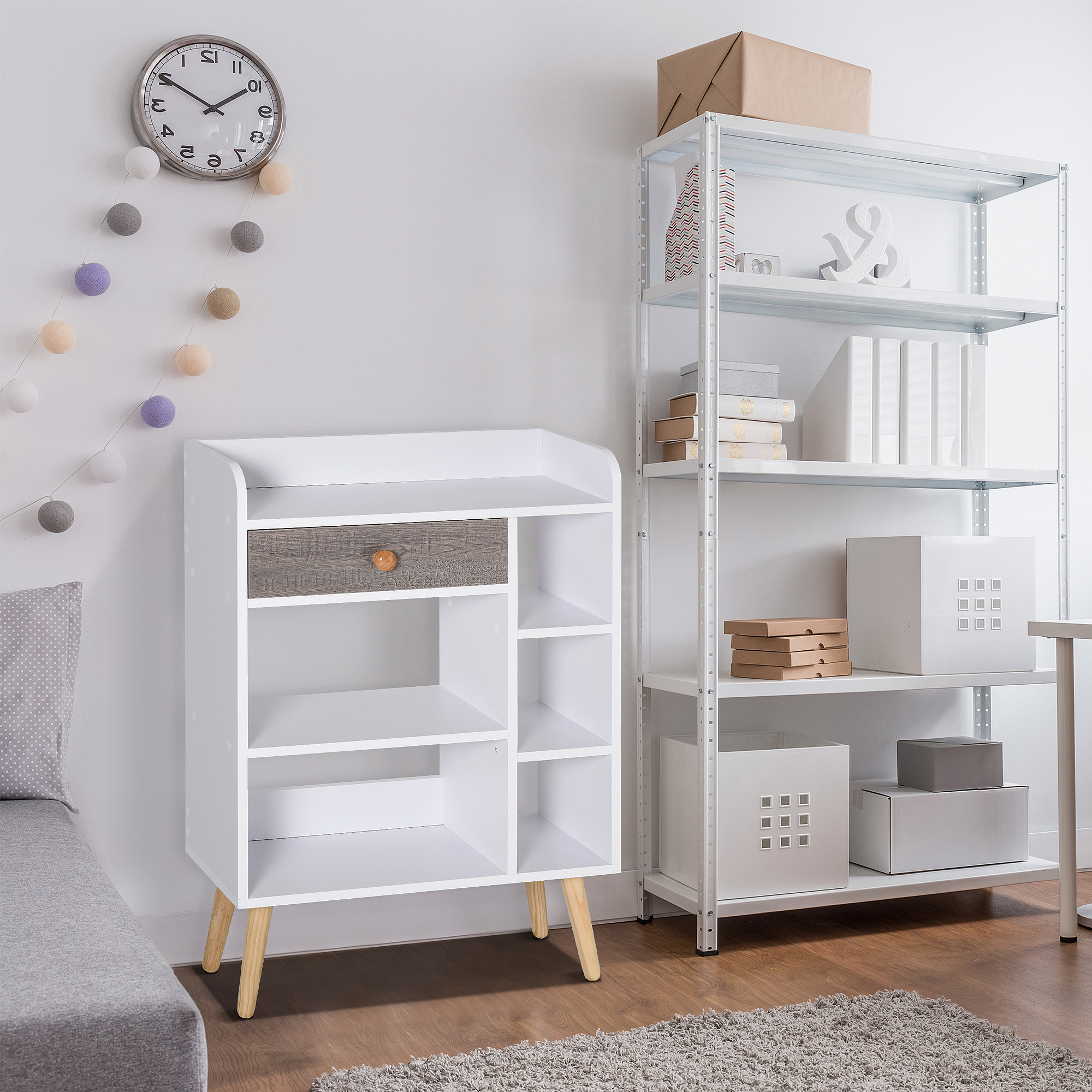 HOMCOM Bookcase, Freestanding Book Shelf with Storage Drawer, 6 Shelves and Wood Legs for Home Office Display, White and Grey, 24D x 60W x 86.8H cm 2