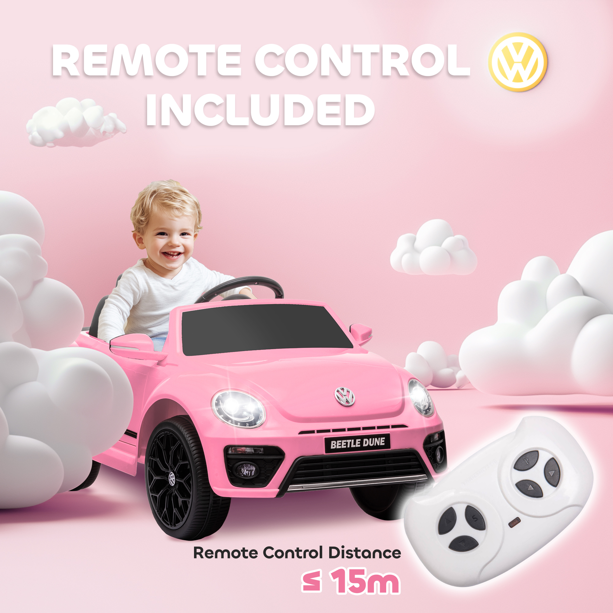 AIYAPLAY Volkswagen Beetle Licensed 12V Ride on Car w/ Remote Control, Suspension Wheels, Soft Start, Lights, Music, Pink 7