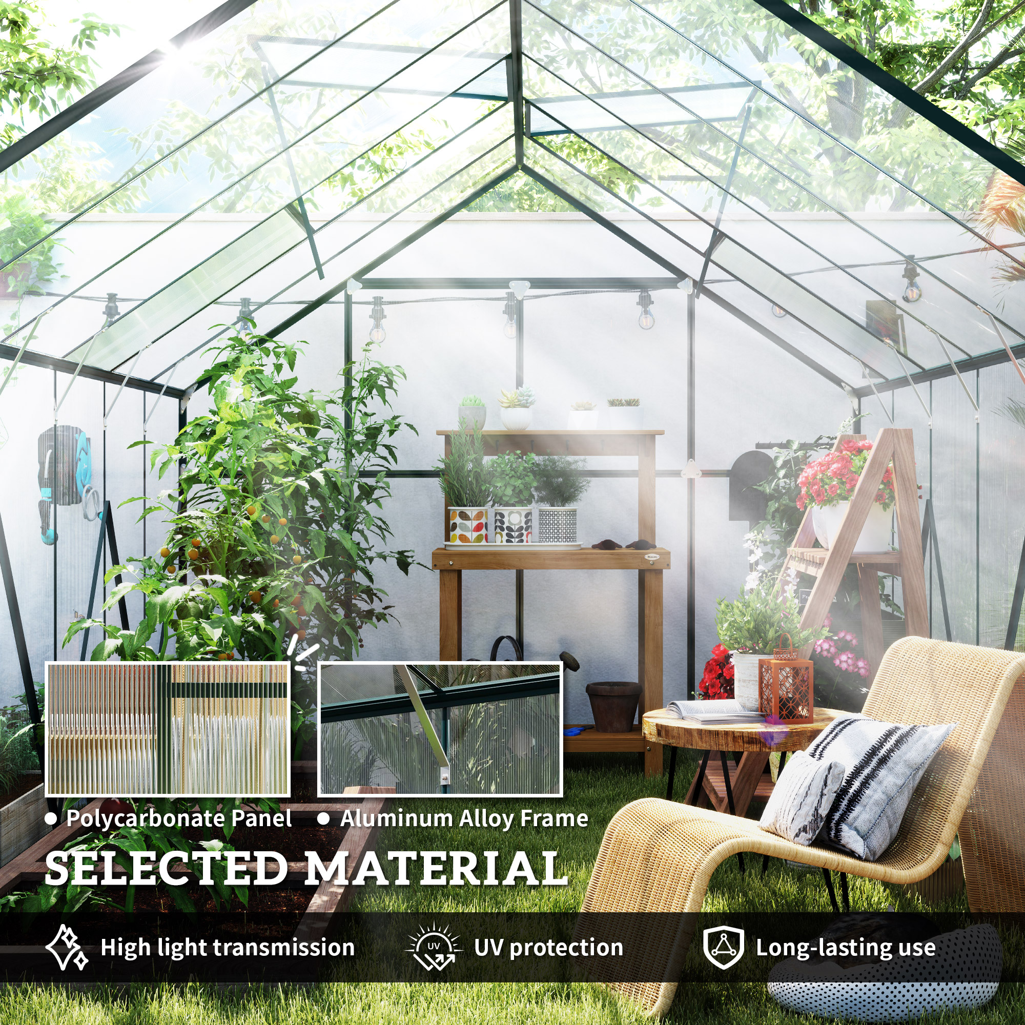 Outsunny 8 x 12ft Aluminium Greenhouse Polycarbonate Walk-in Garden Greenhouse Kit with Adjustable Roof Vent, Double Sliding Door, Rain Gutter and Foundation, Clear 4
