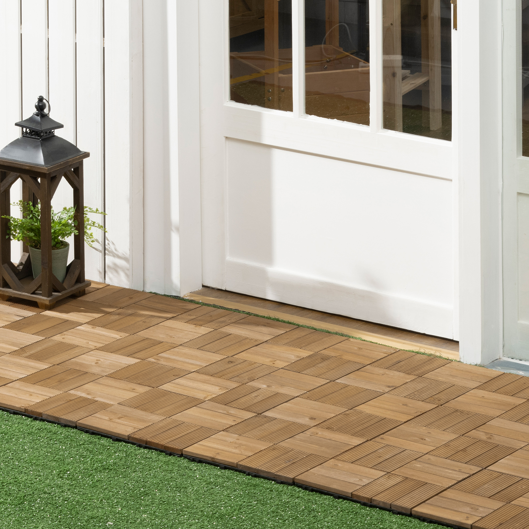 Outsunny 27 Pcs Wooden Interlocking Decking Tiles, Outdoor Flooring Tiles for Patio, Balcony, Terrace, Hot Tub, 30 x 30 cm per Piece, 2.5㎡ per Pack, Brown 2